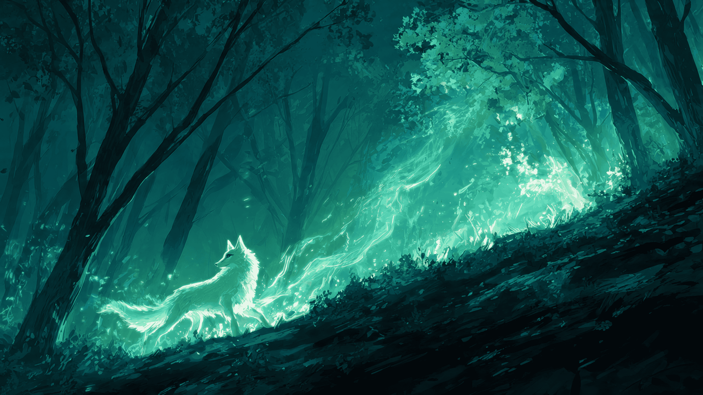 Spirit Fox Glowing in Dark Forest Chaos 4