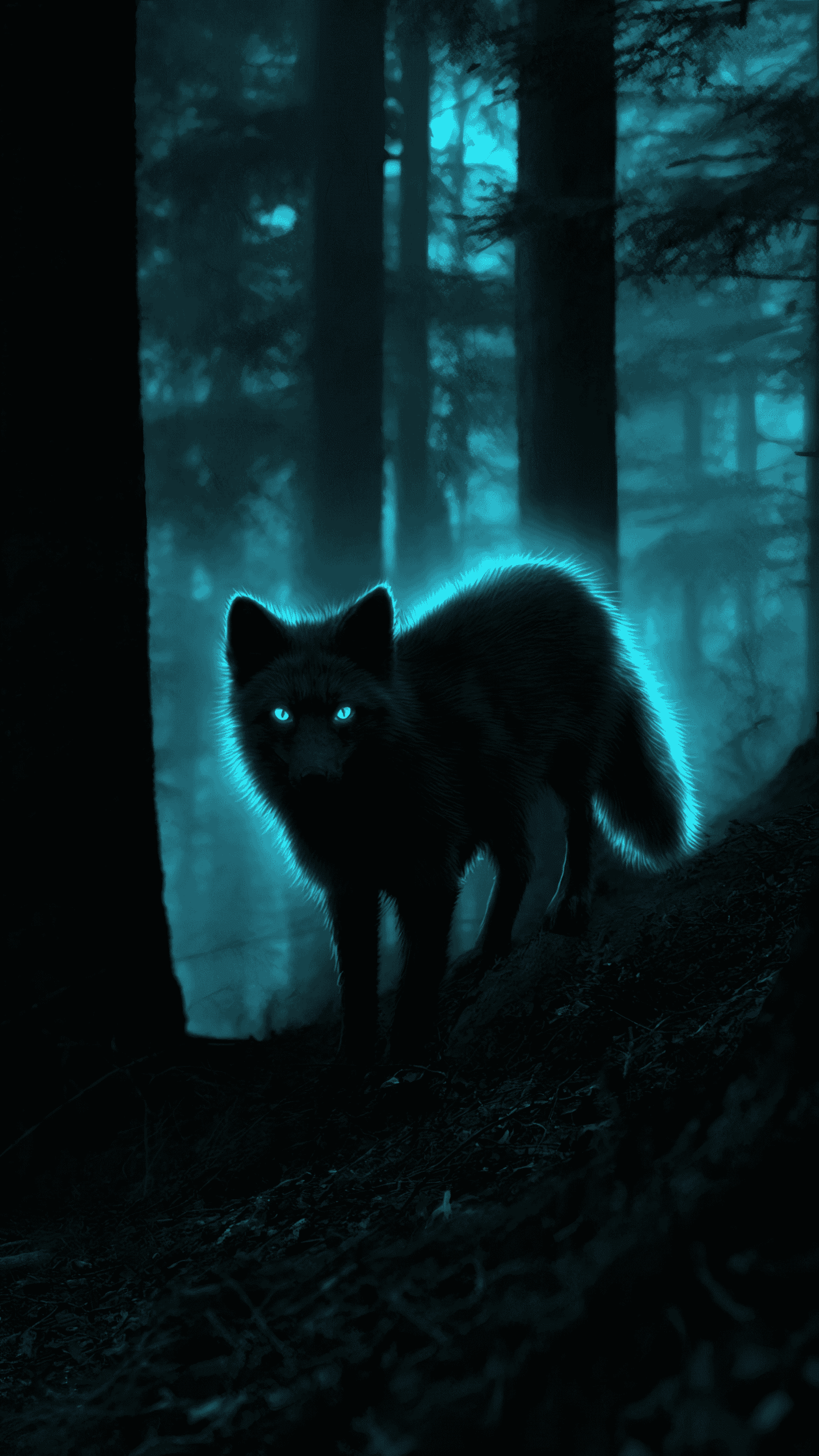 Fox with Glowing Outline in Dark Forest