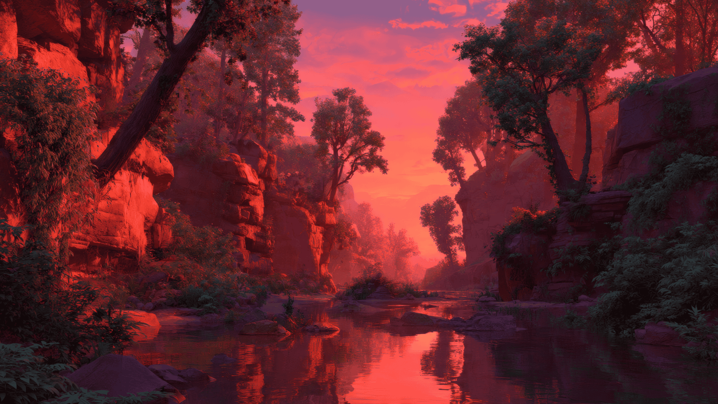 Sunset Fantasy Valley Warm Cinematic Lighting Chaos