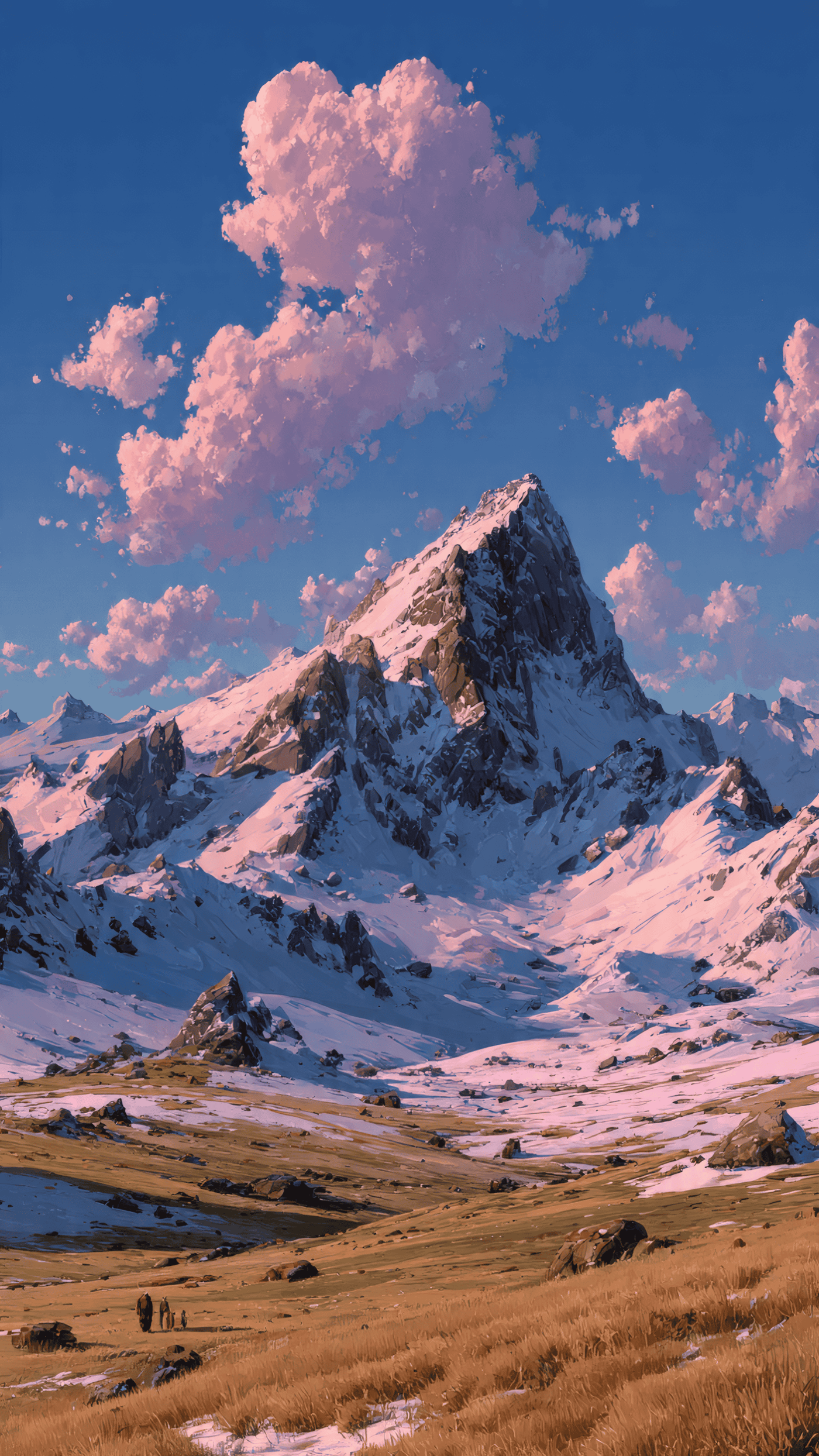 Winter Mountain Landscape with Pink Clouds