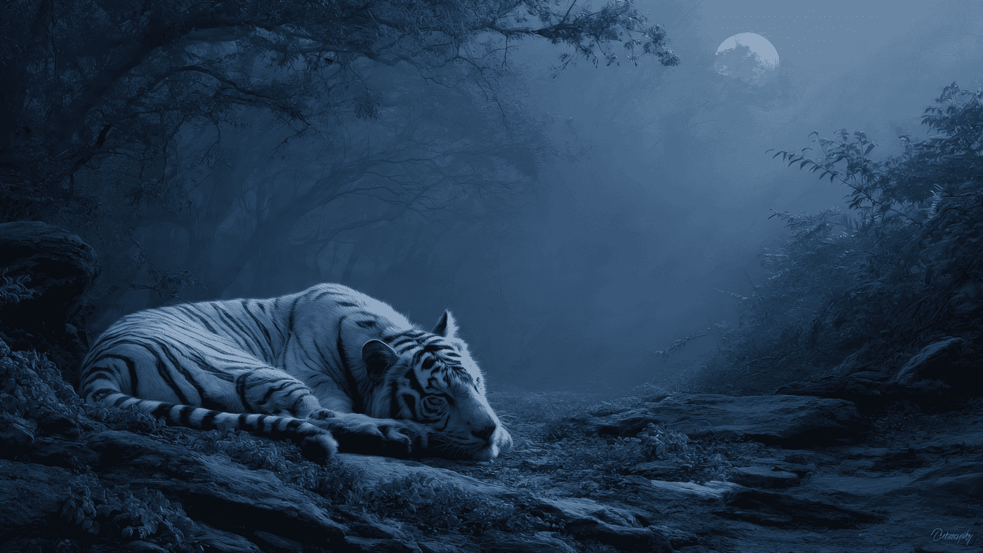 White Tiger Resting Under the Moon