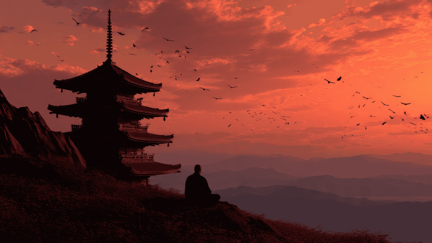 Pagoda and Meditating Figure at Sunset