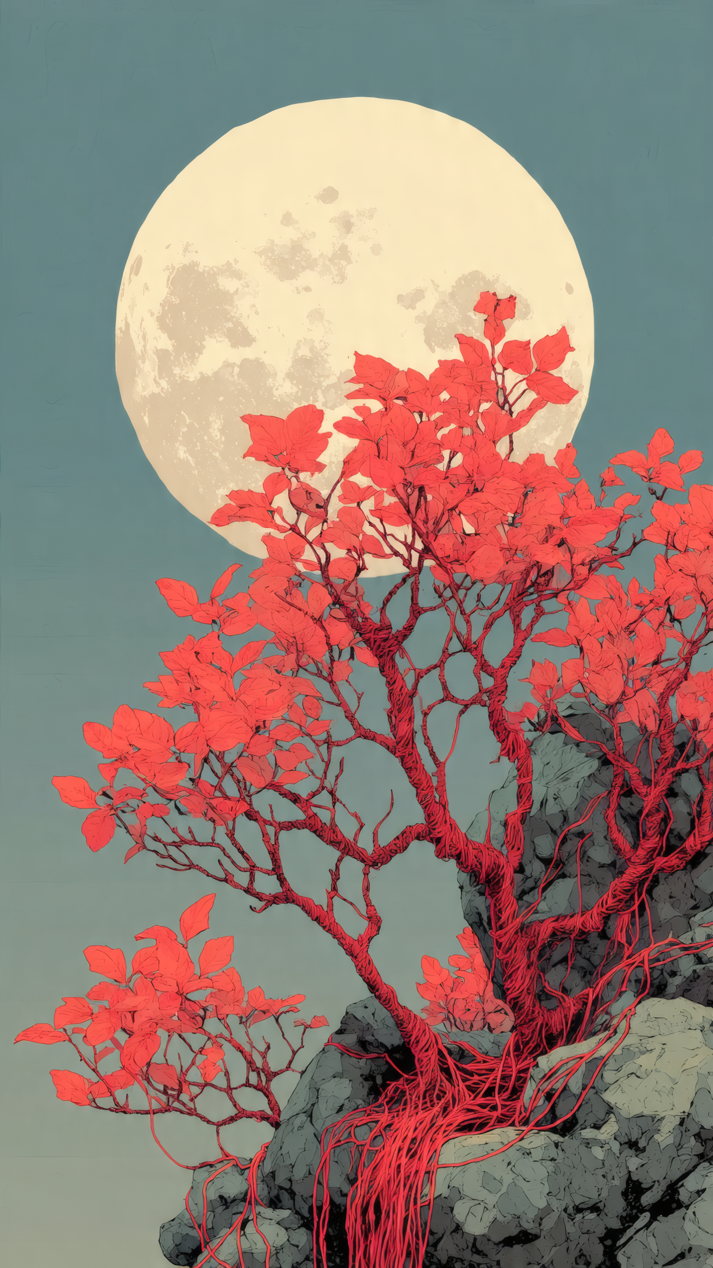 Red Tree and the Moon Art