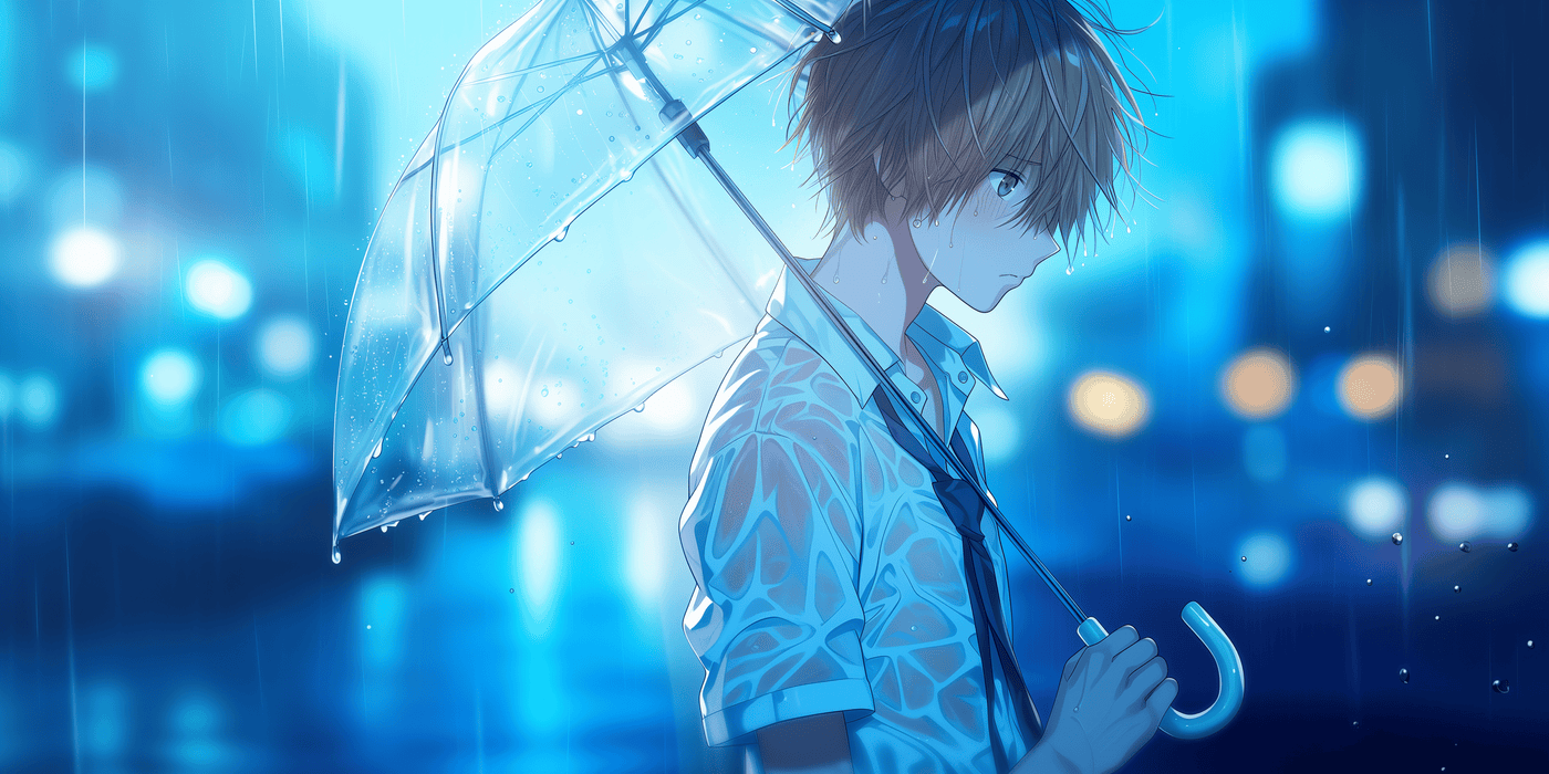 Anime Boy Standing in the Rain with Umbrella