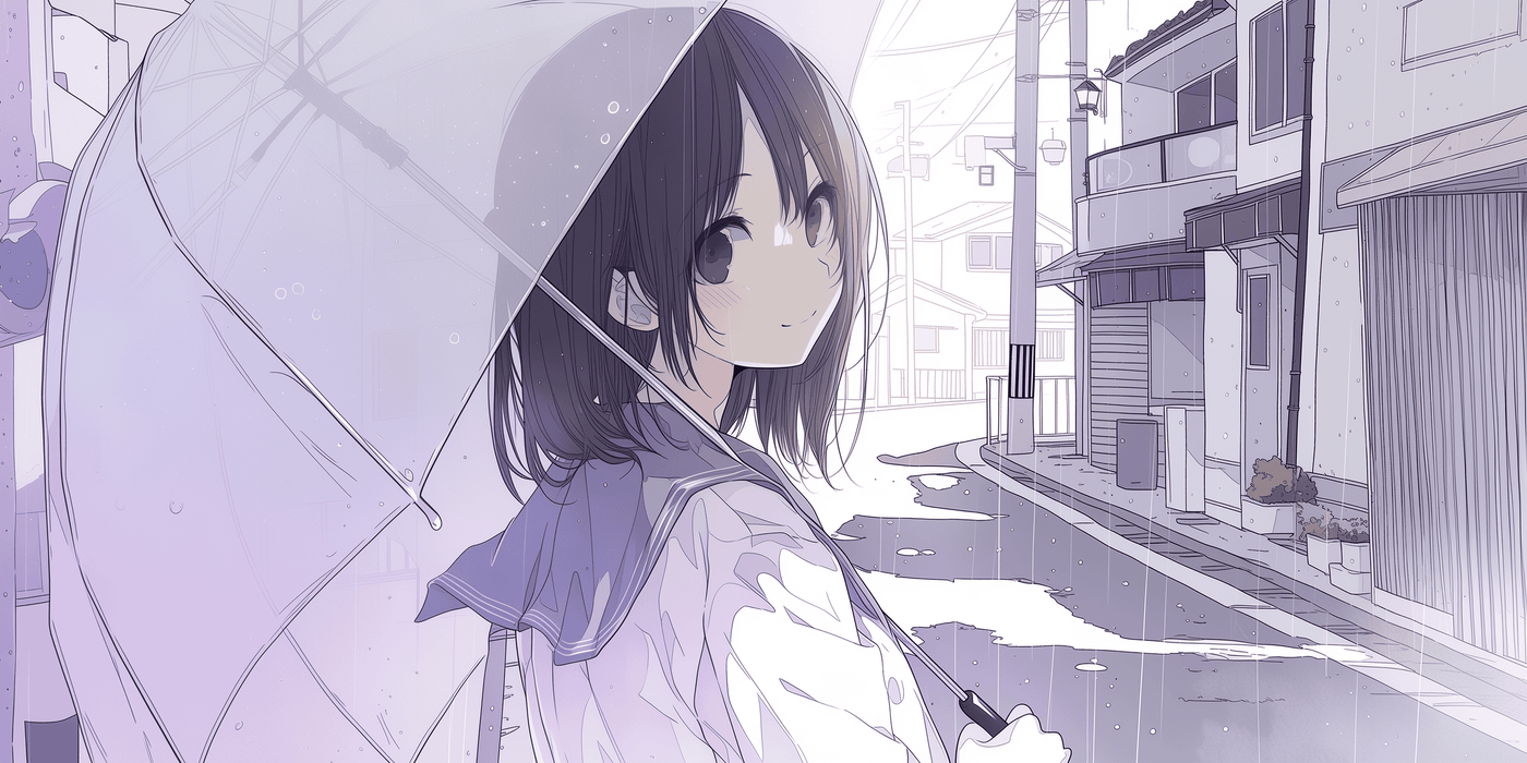 Anime Girl in the Rain with Umbrella
