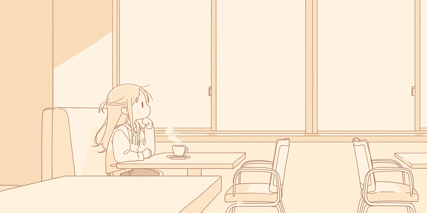 Anime Girl Looks Out the Window with Coffee