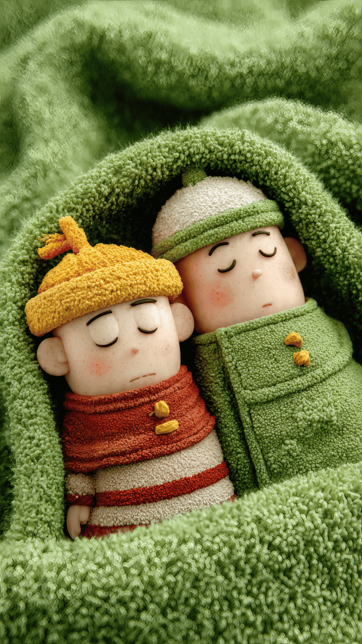 Dolls Napping Under Green Blanket