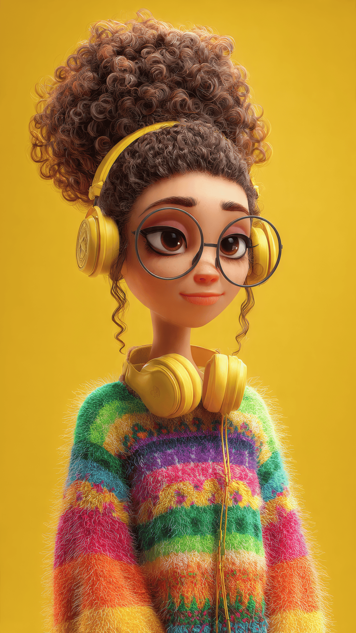 Cartoon Girl with Headphones and Rainbow Sweater