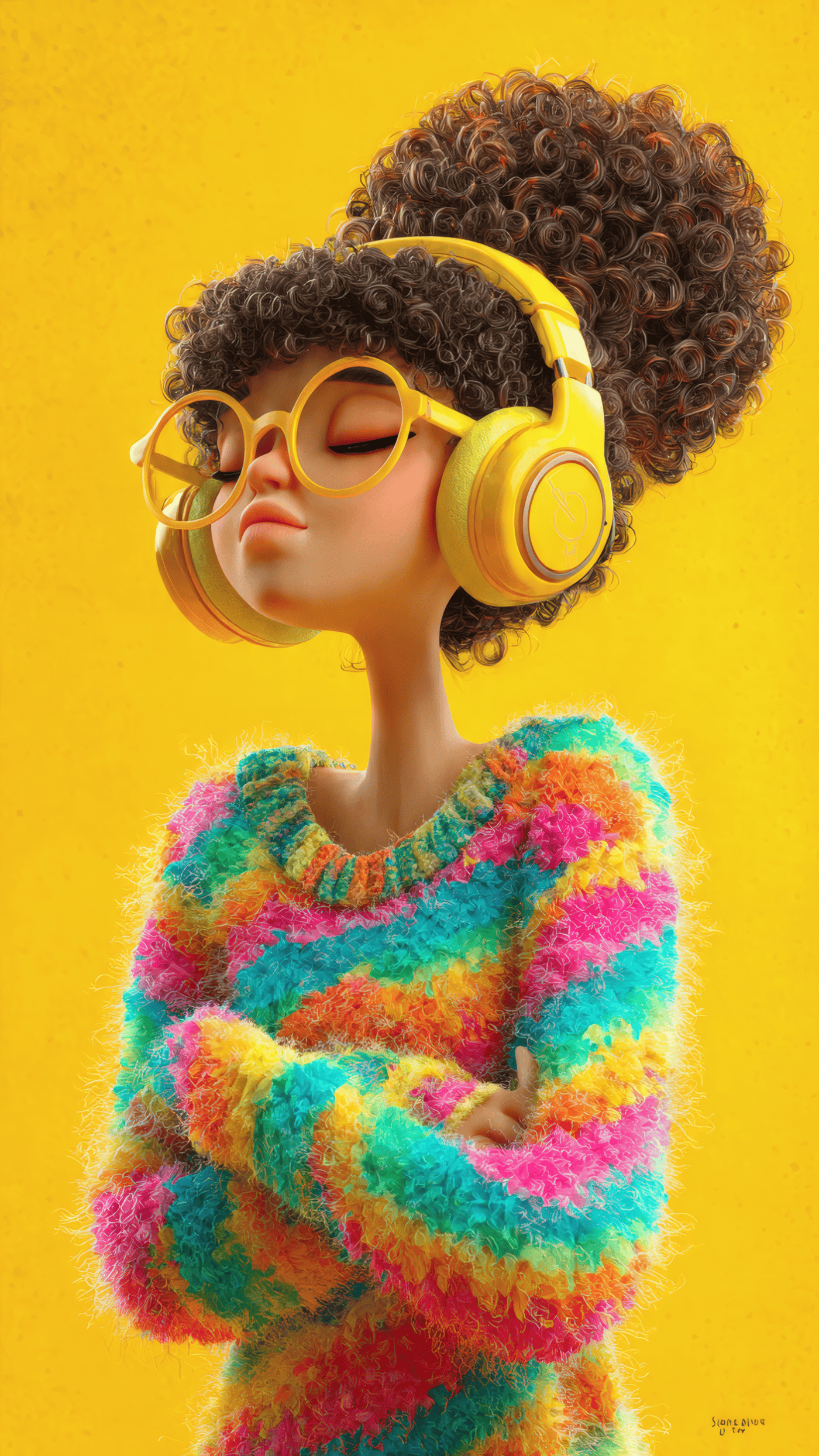 Cartoon Woman in Colorful Sweater on Yellow