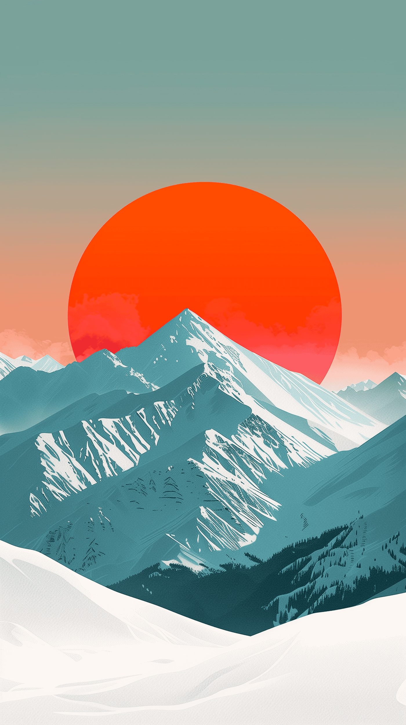 Minimalist Snowy Mountains and Rising Sun Art