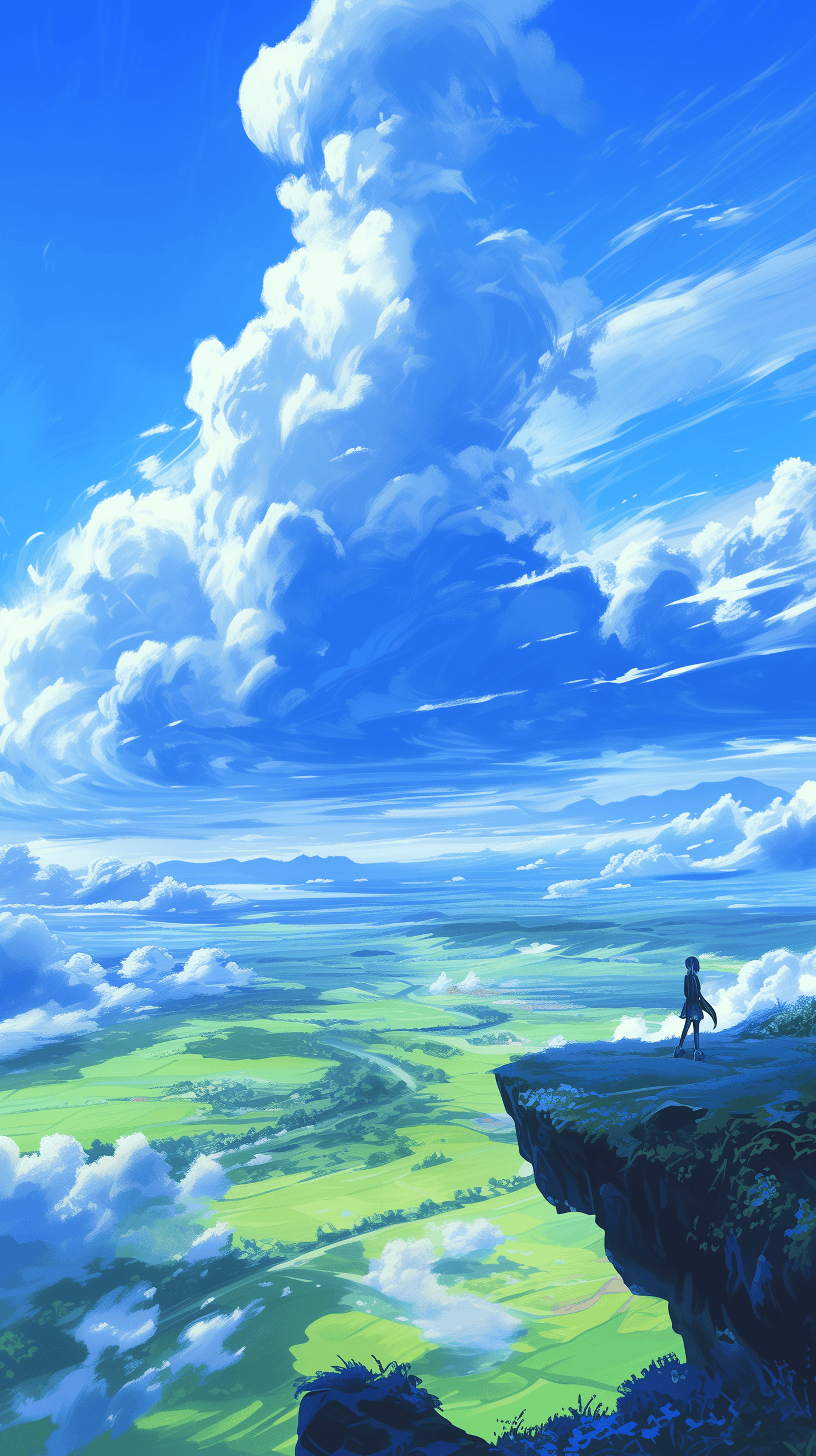 Anime Landscape with Clouds and Figure