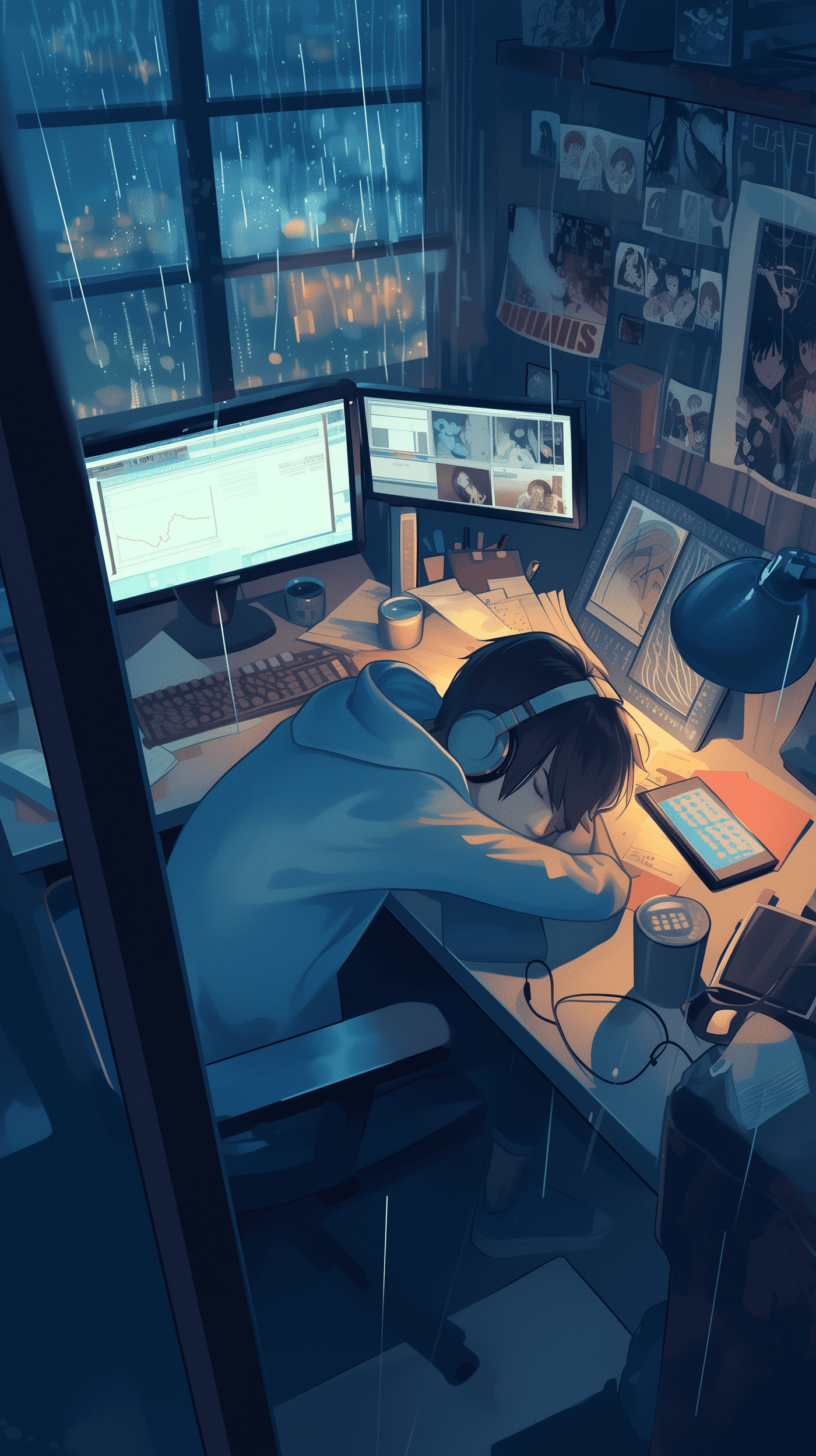 Anime Character Sleeps at Desk in Rain