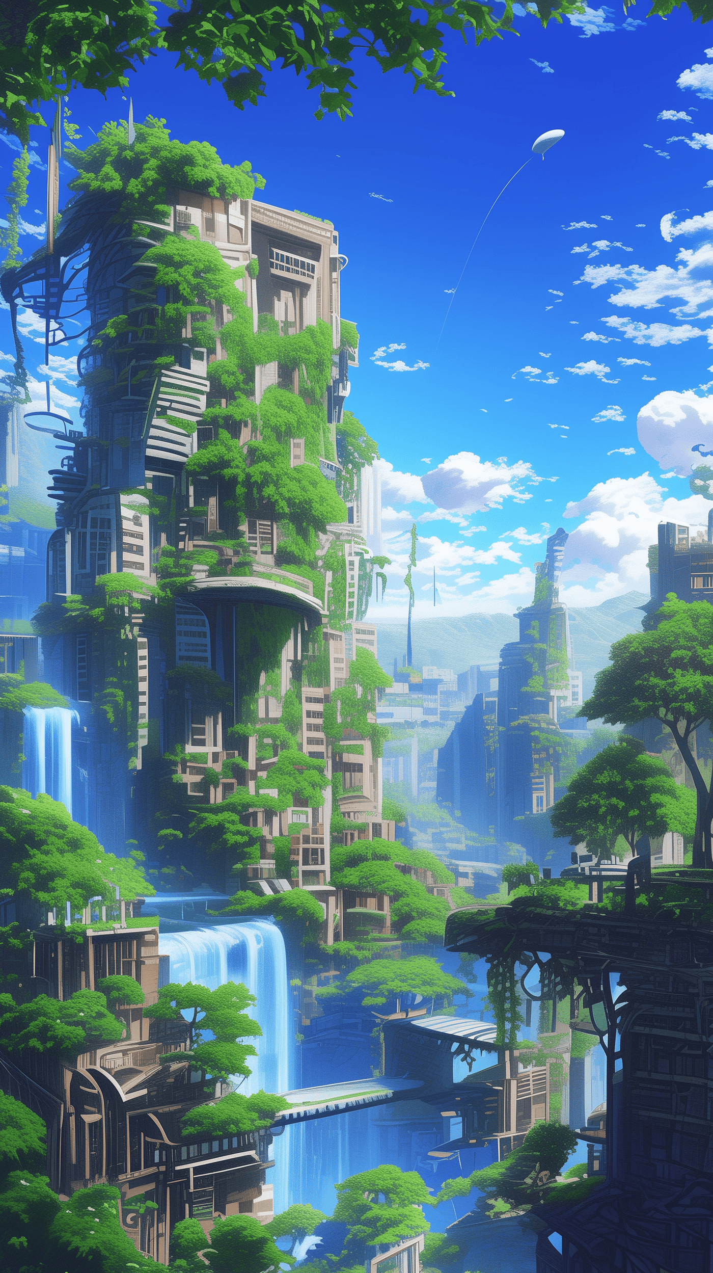 Futuristic City with Waterfalls and Greenery