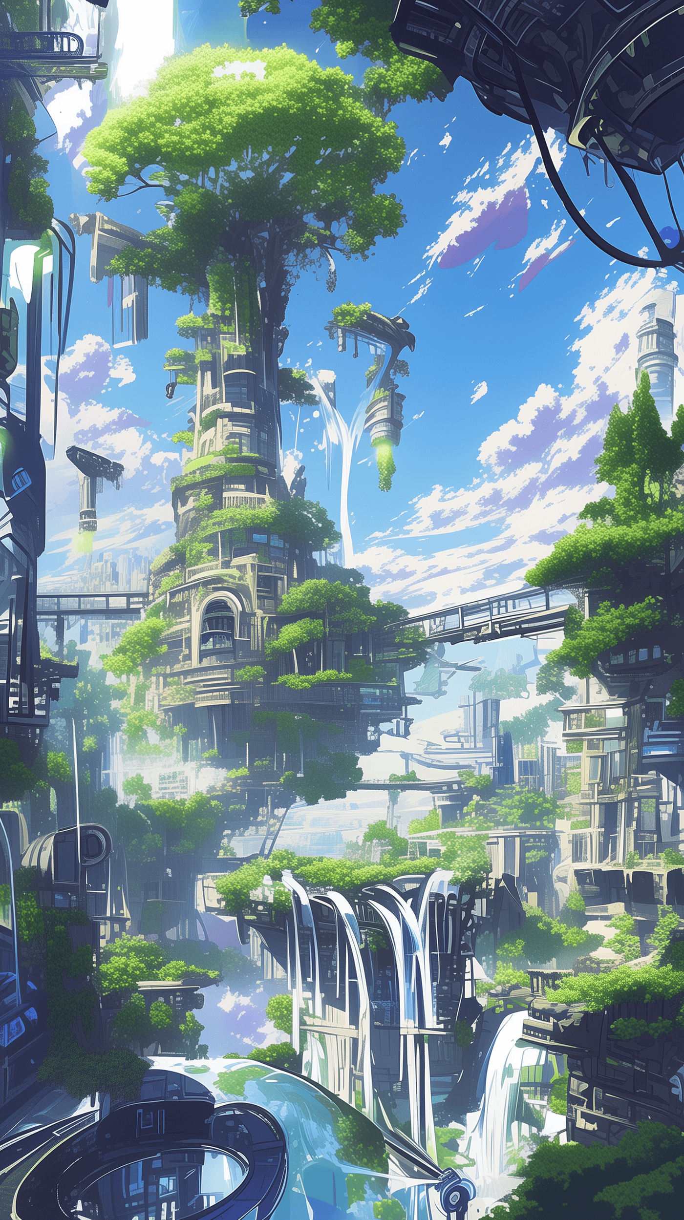 Futuristic Cityscape with Nature and Waterfalls