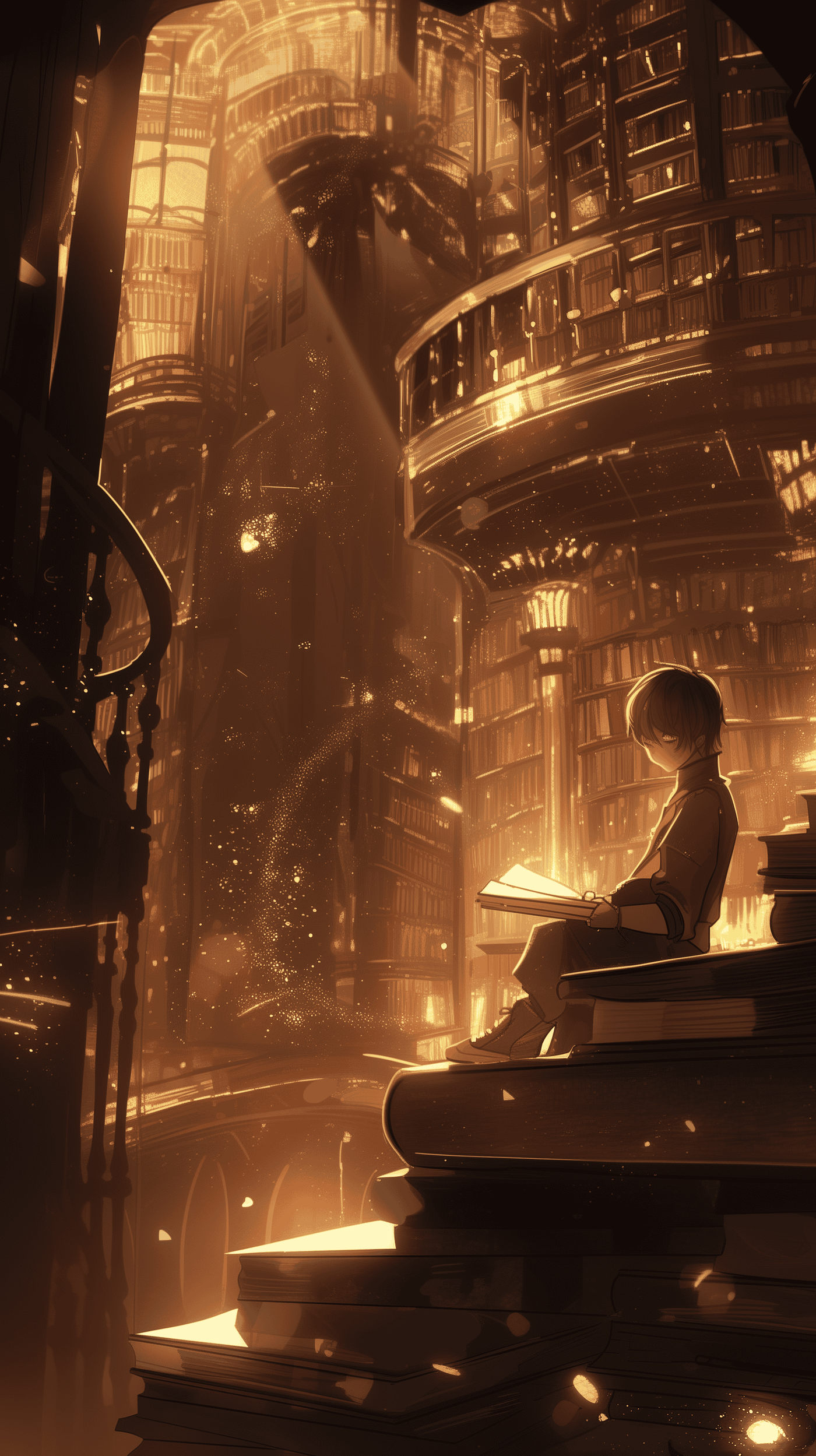 Boy Reading Book in a Grand Library