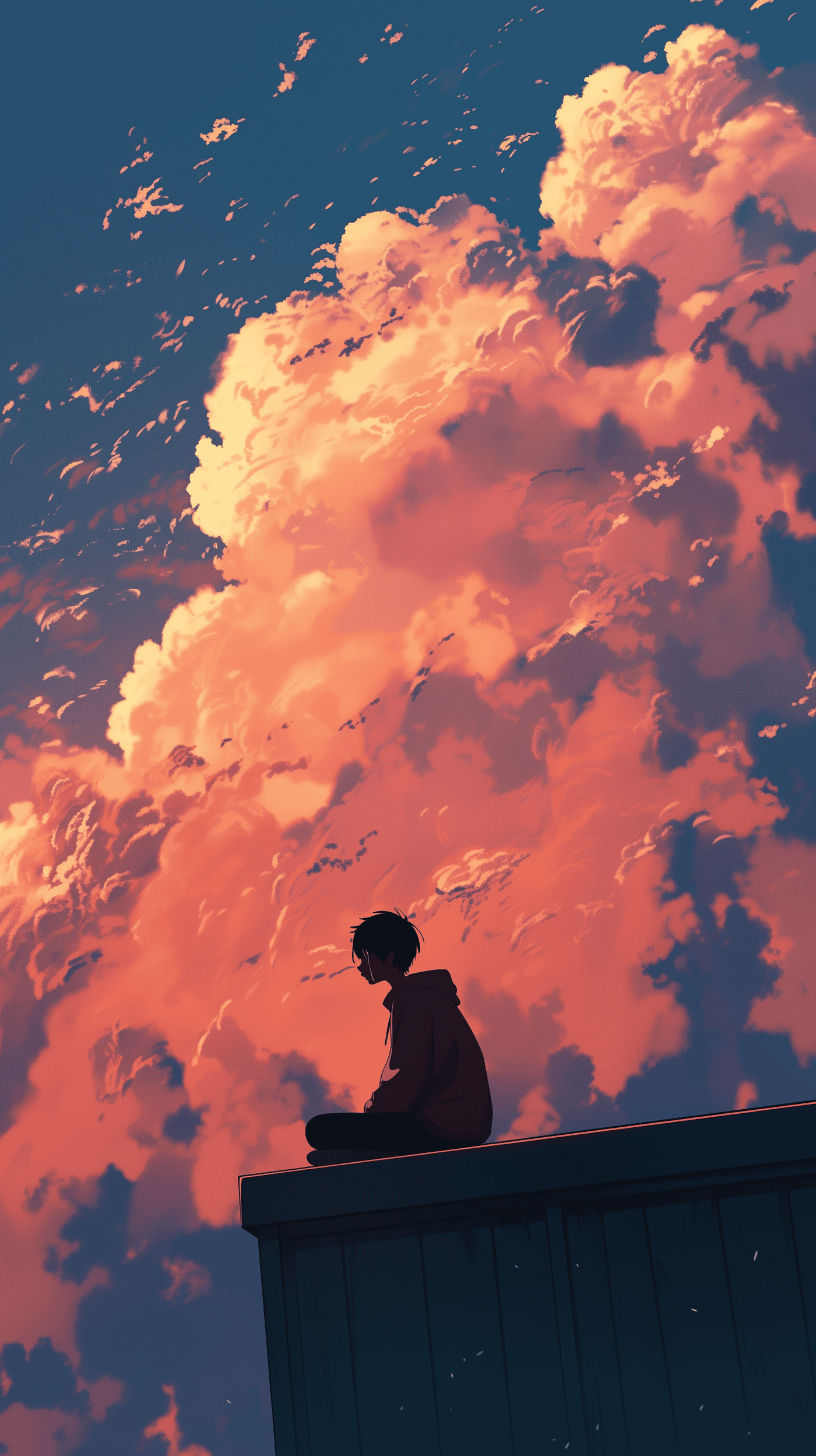 Anime Boy on Building with Red Clouds