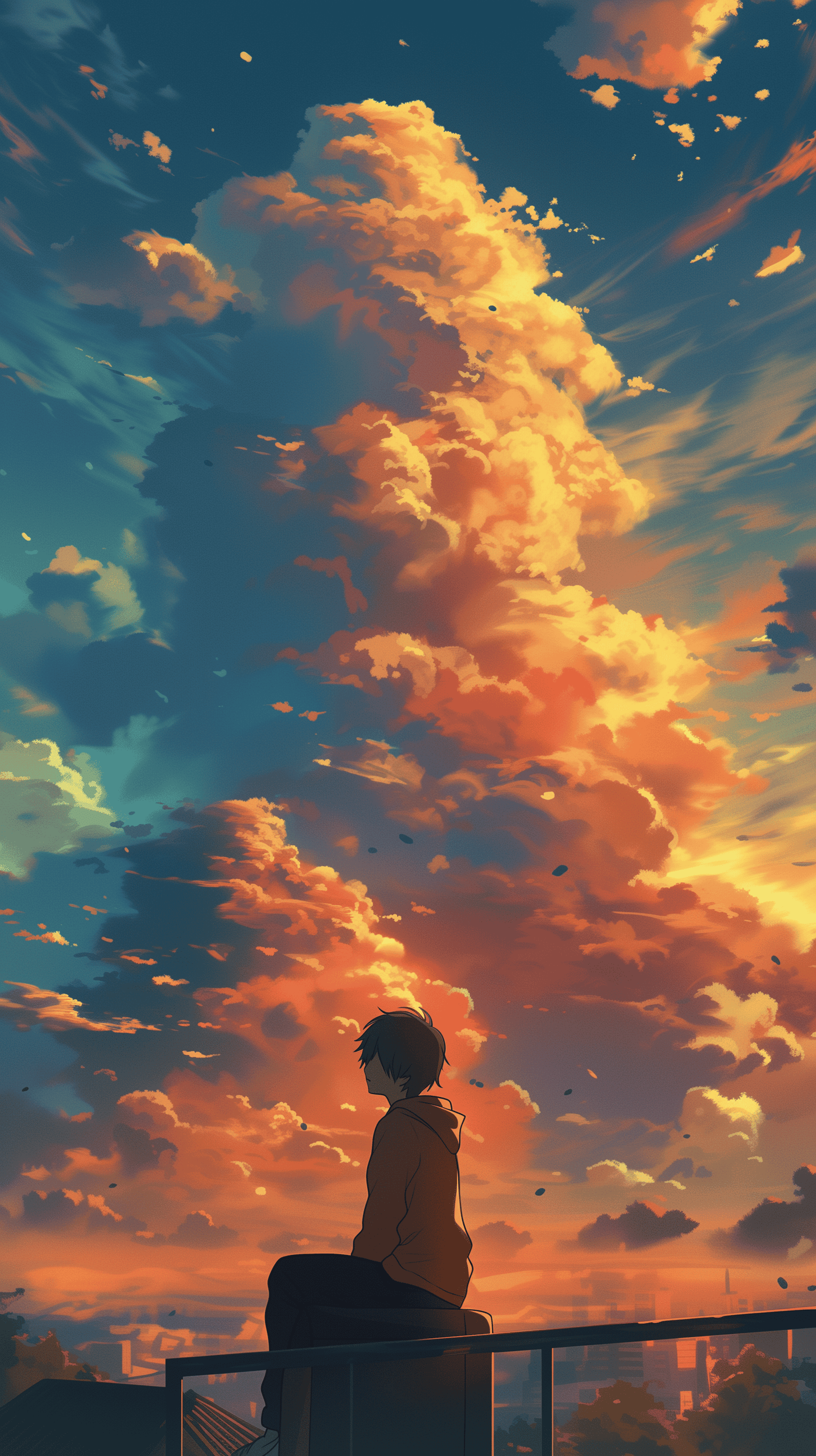 Boy Watching a Beautiful Orange Sky