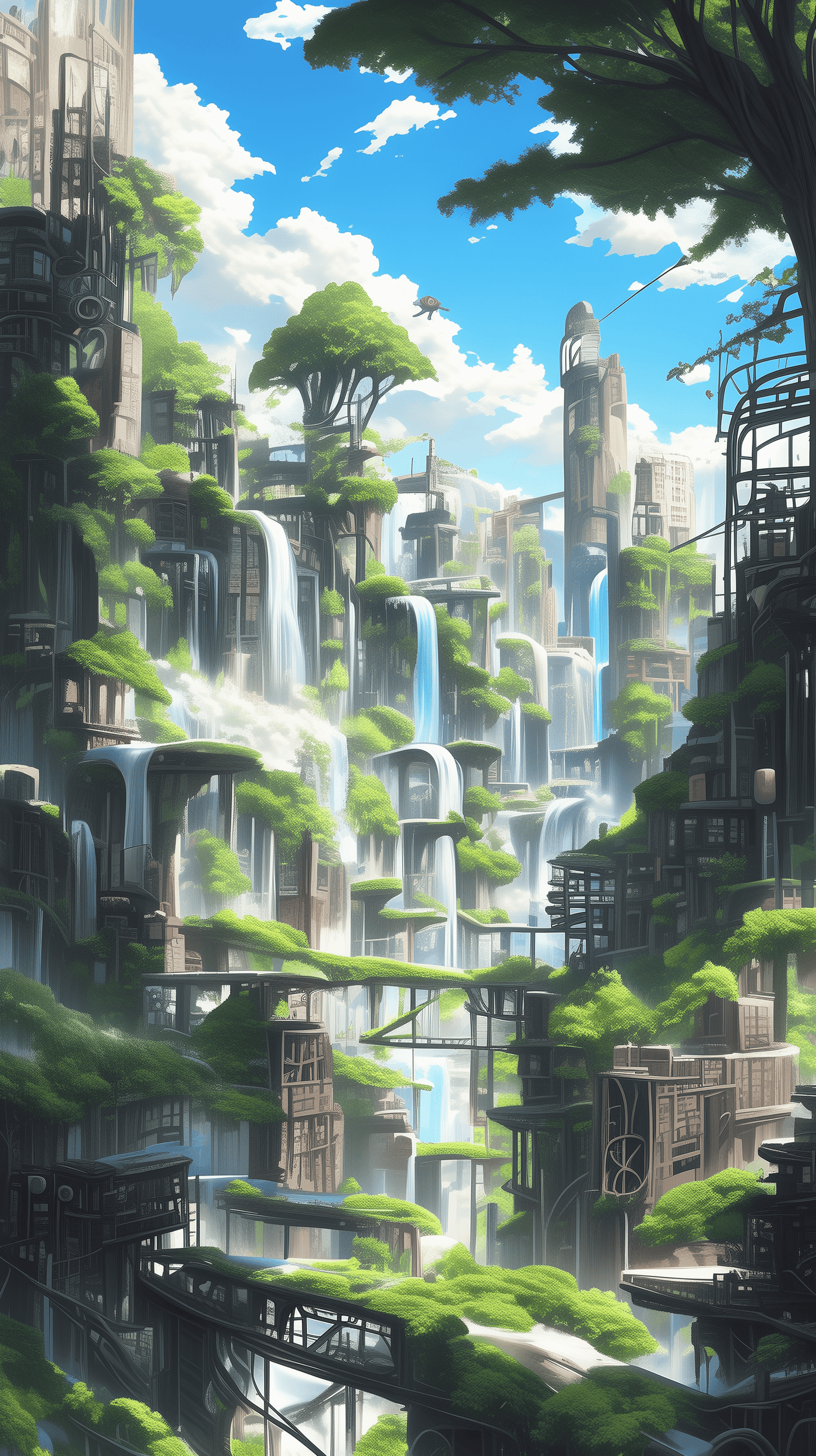 Futuristic Cityscape with Lush Waterfalls