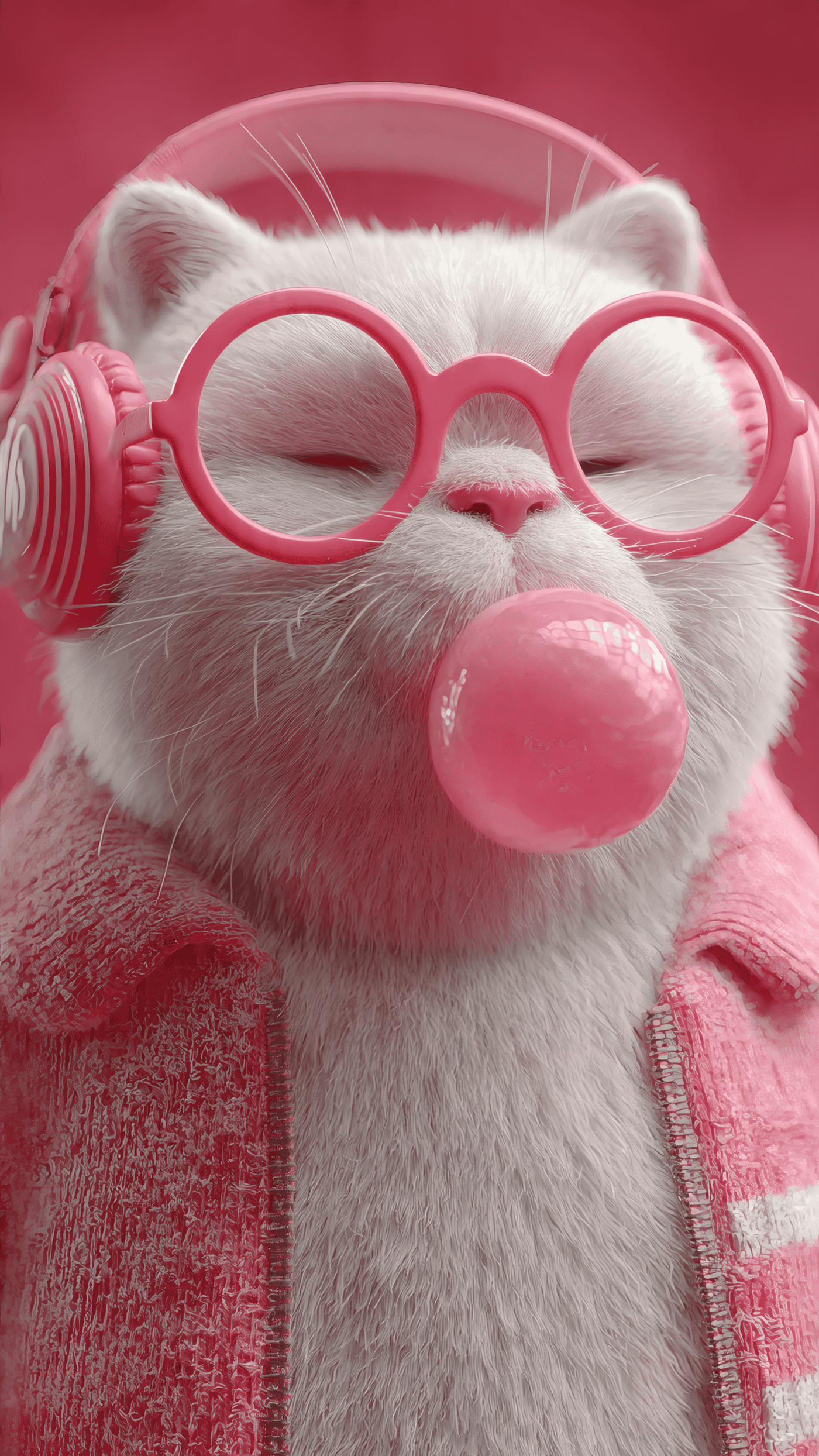 Cat with Headphones Blowing Bubblegum