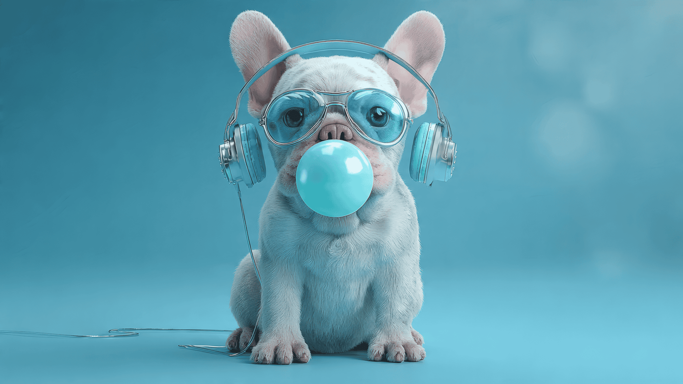 Dog with Headphones and Bubblegum