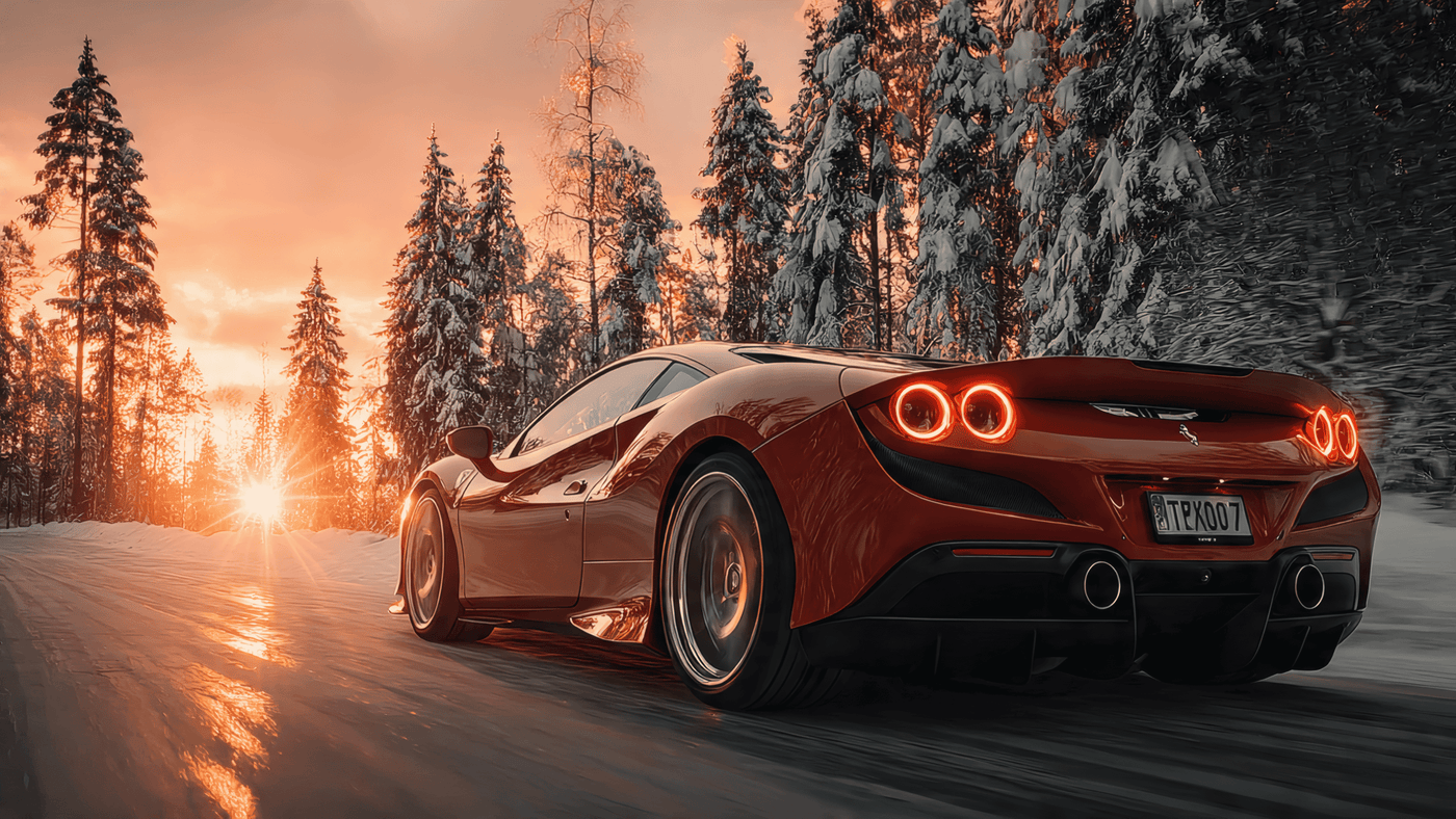 Ferrari on Winter Road at Sunset
