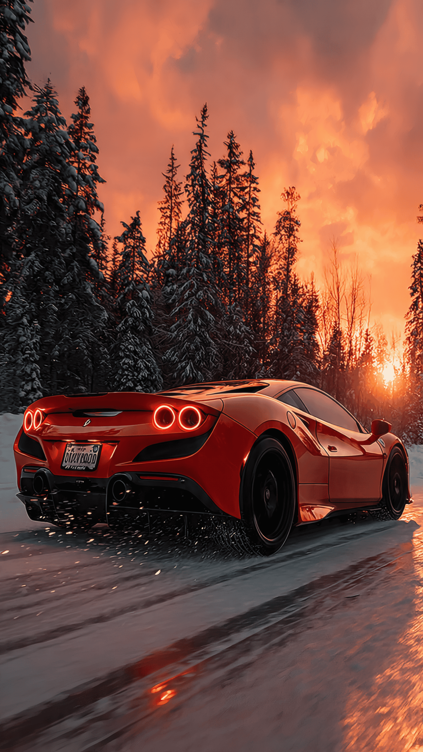 Red Ferrari Sports Car in Winter Landscape