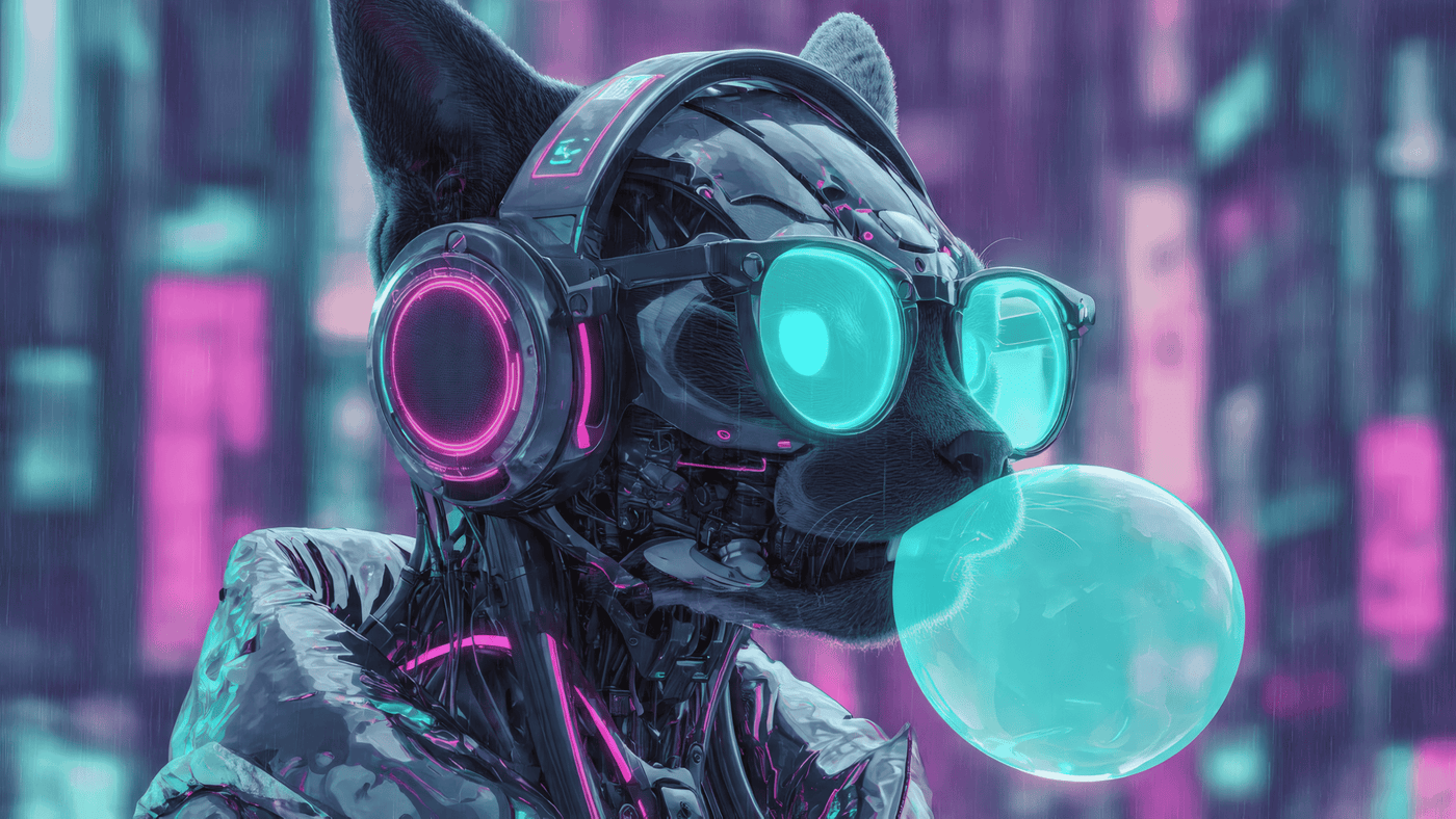 A Robotic Cyber Cat with Glowing Neon Eyes