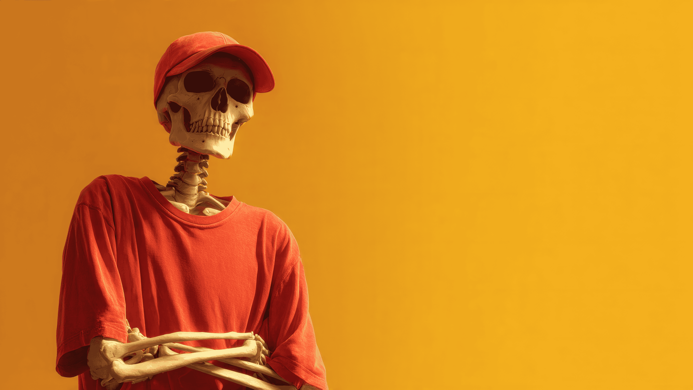 Cool Skeleton Wearing Red Shirt and Cap