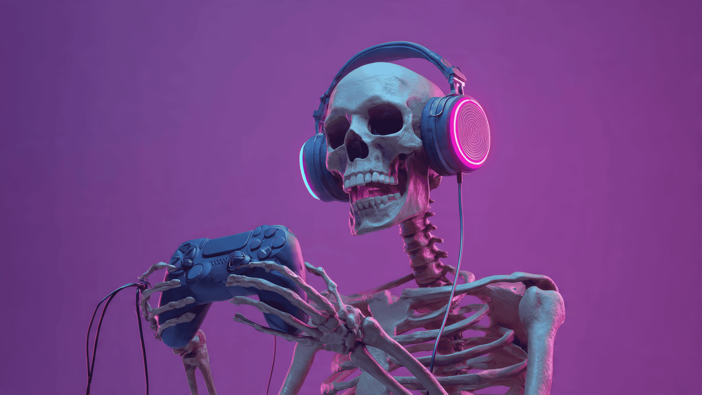 A Skeleton Wearing a Gaming Headset With