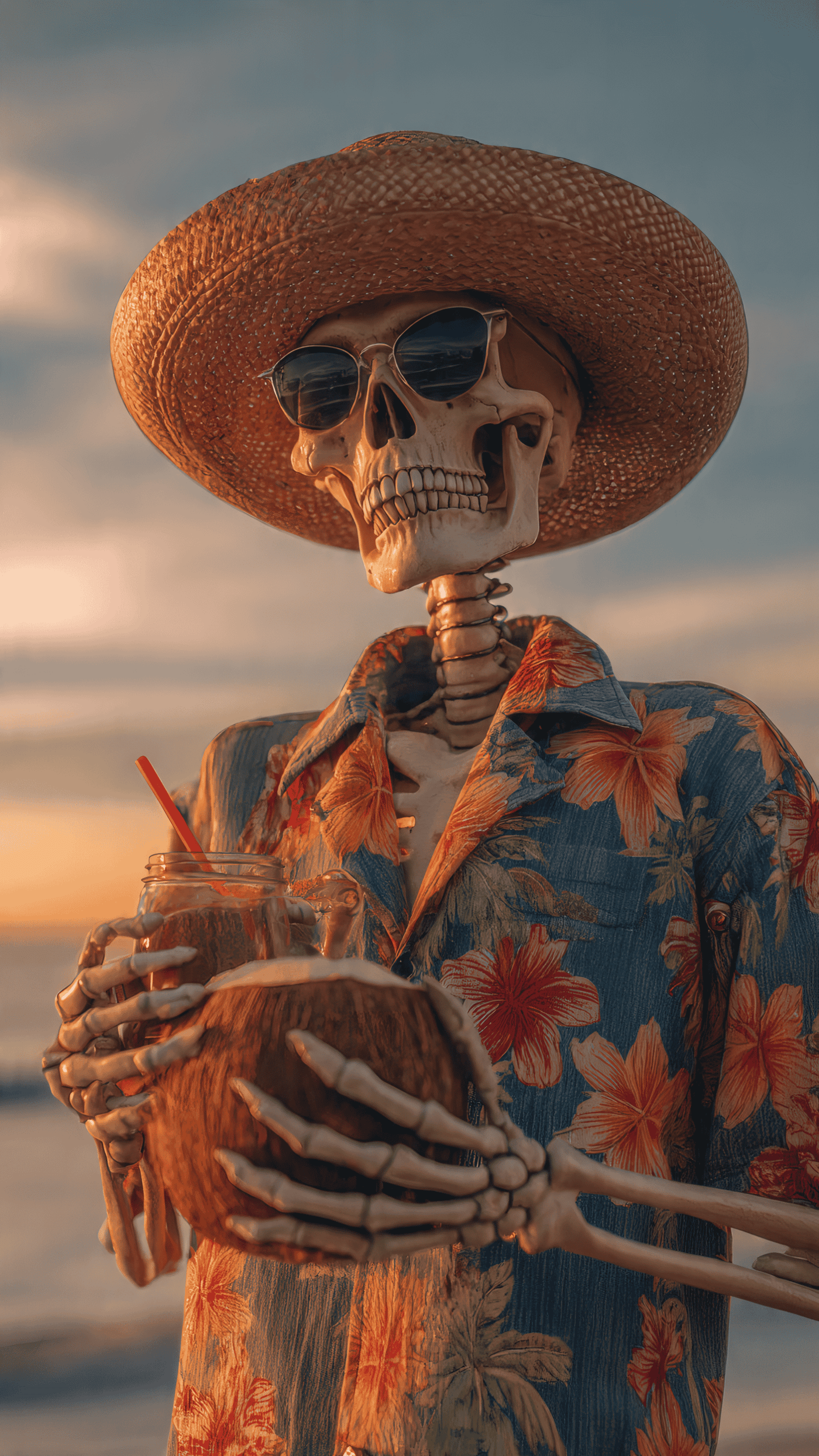 A Skeleton Wearing a Hawaiian Floral Shirt 2