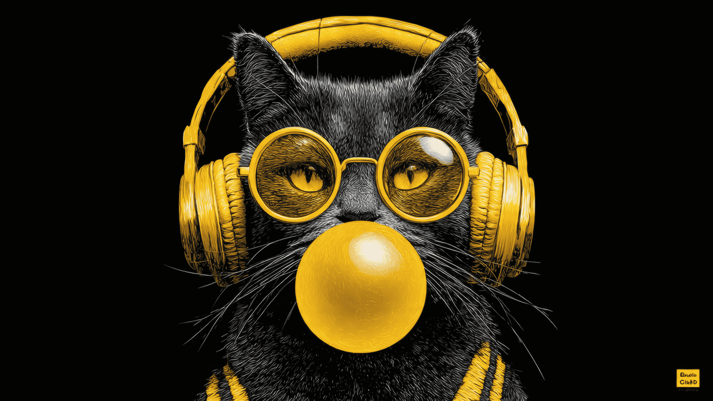 Cool Cat with Headphones and Bubblegum Art