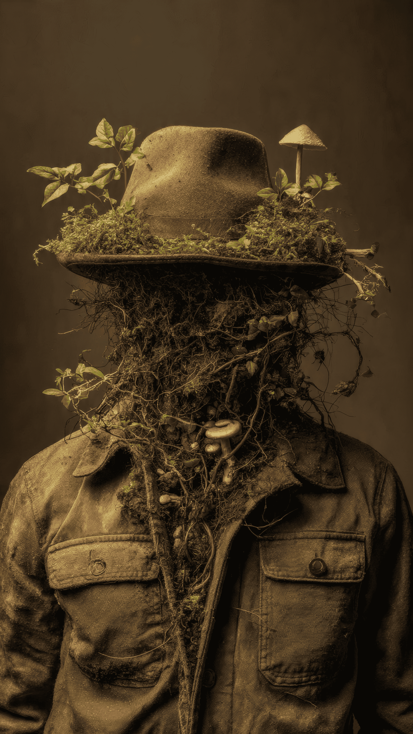 Nature Person with Plants and Mushrooms