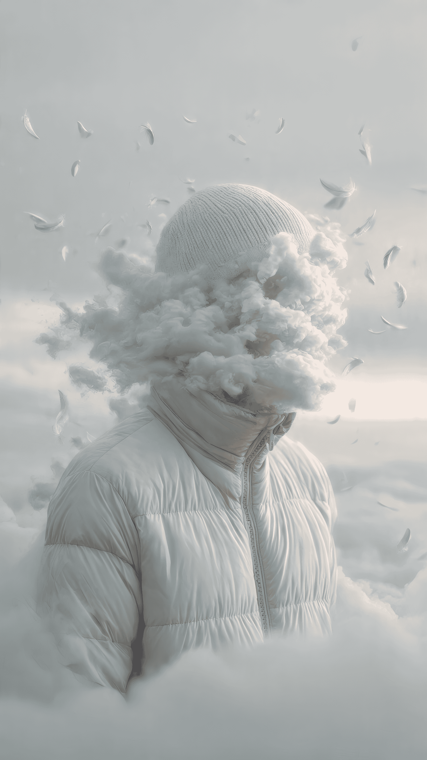 Person in White with Clouds and Feathers