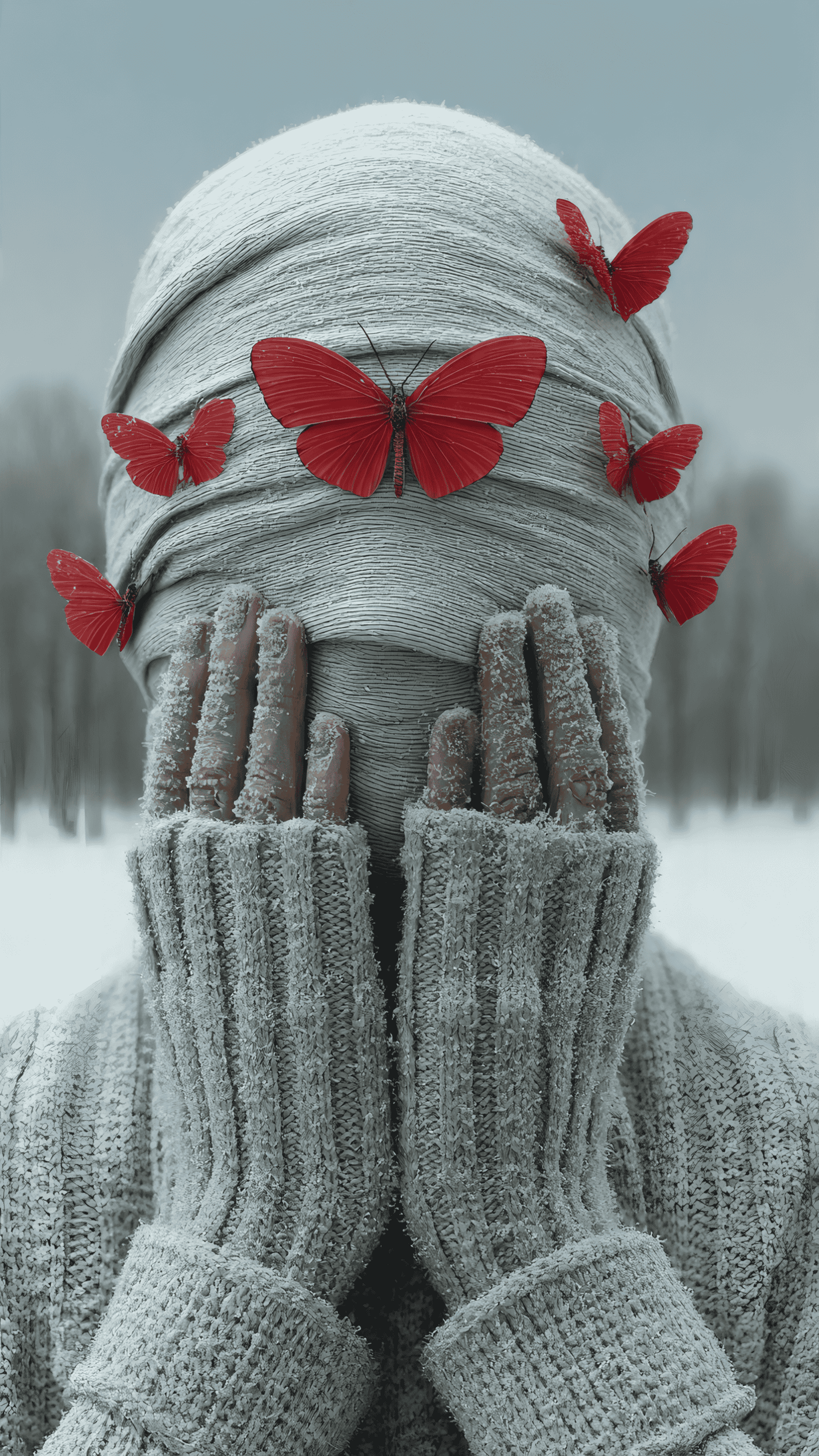 Wrapped Figure with Red Butterflies