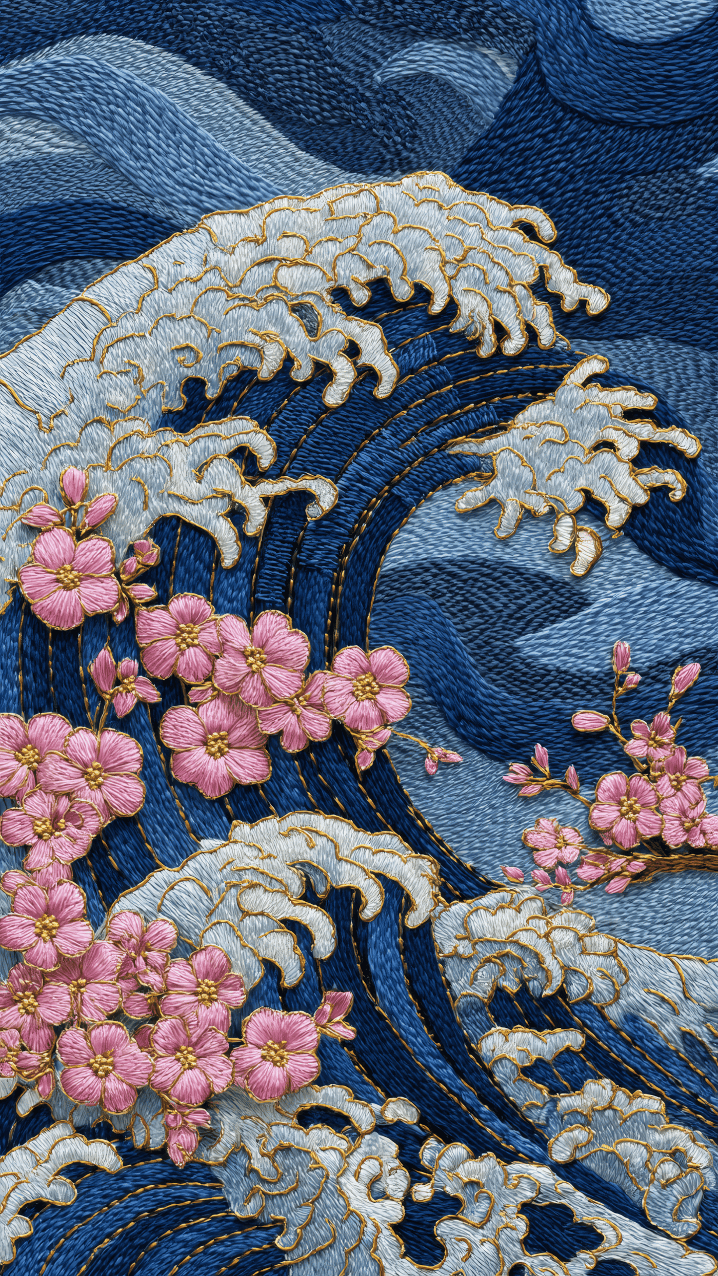 Great Wave with Cherry Blossoms Embroidery