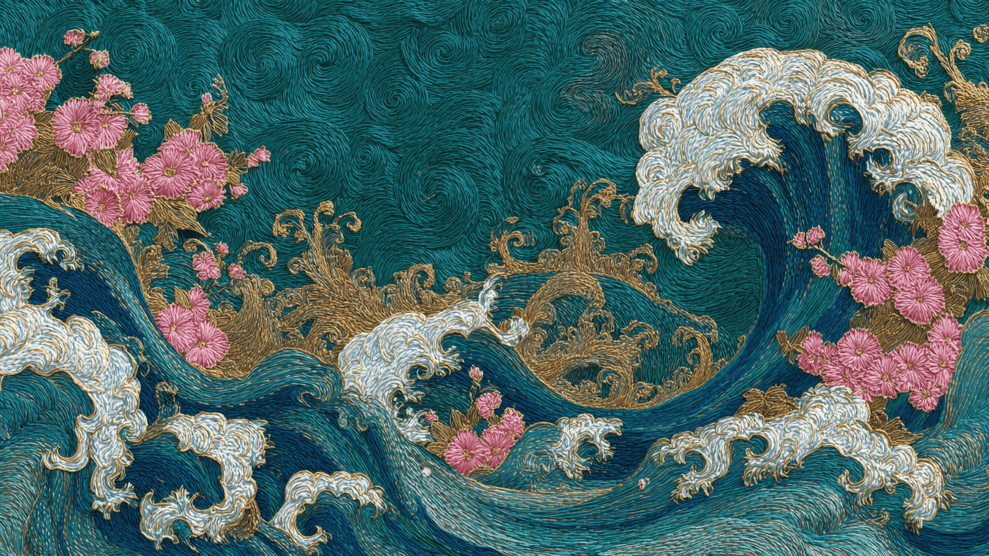 Embroidered Waves and Flowers Art