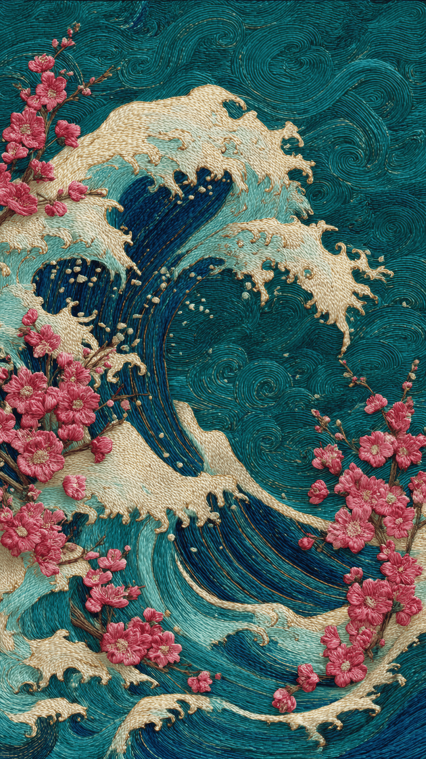 Embroidered Ocean Wave and Cherry Blossoms
