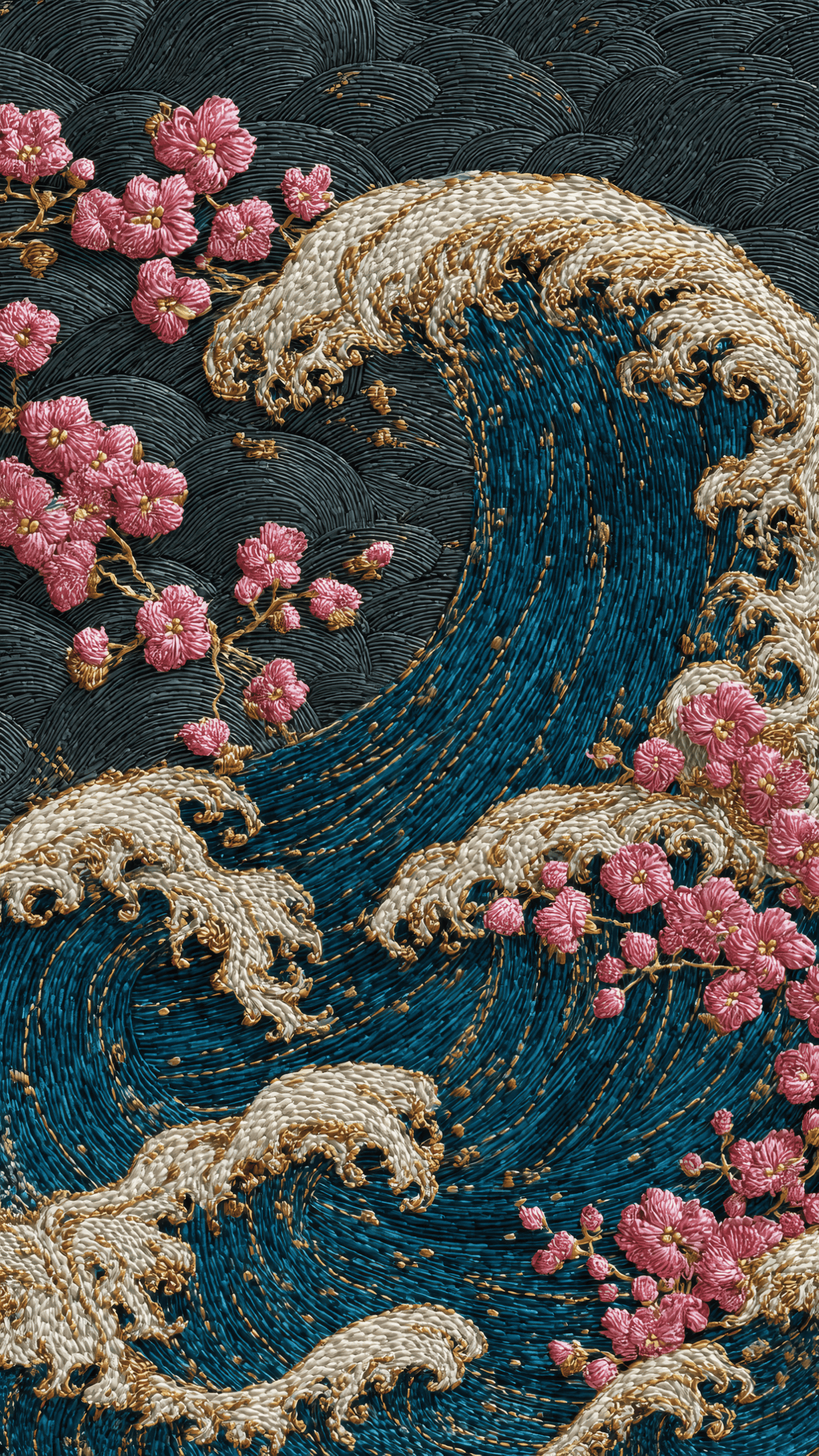 Embroidered Wave and Blossoms Art