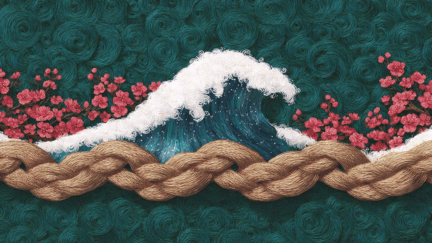 Abstract Wave Art with Rope and Flowers
