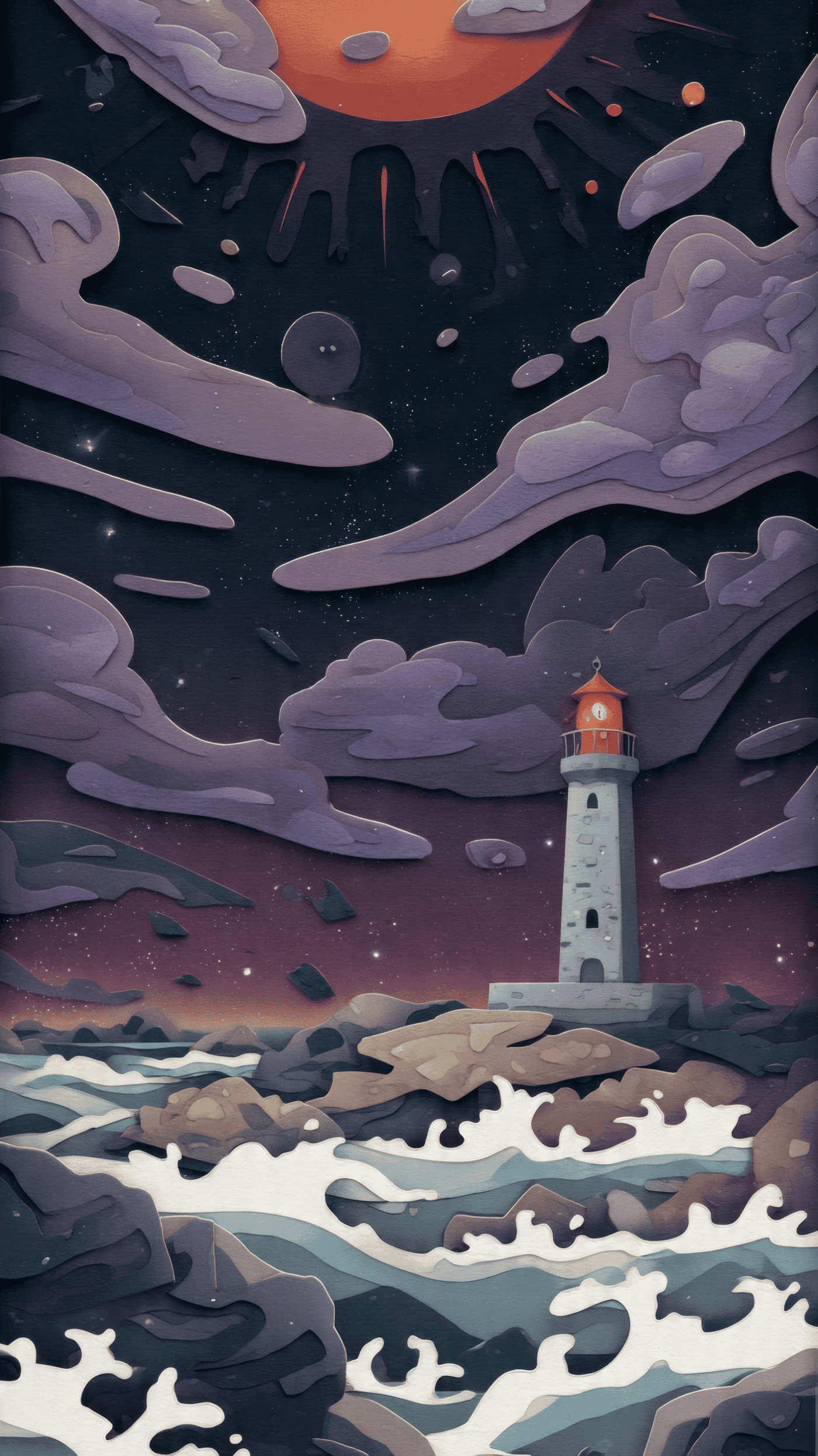 Papercut Style Lighthouse Seascape Illustration