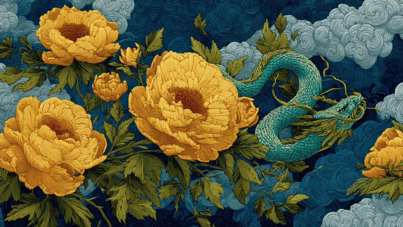 Dragon and Flowers Art Illustration