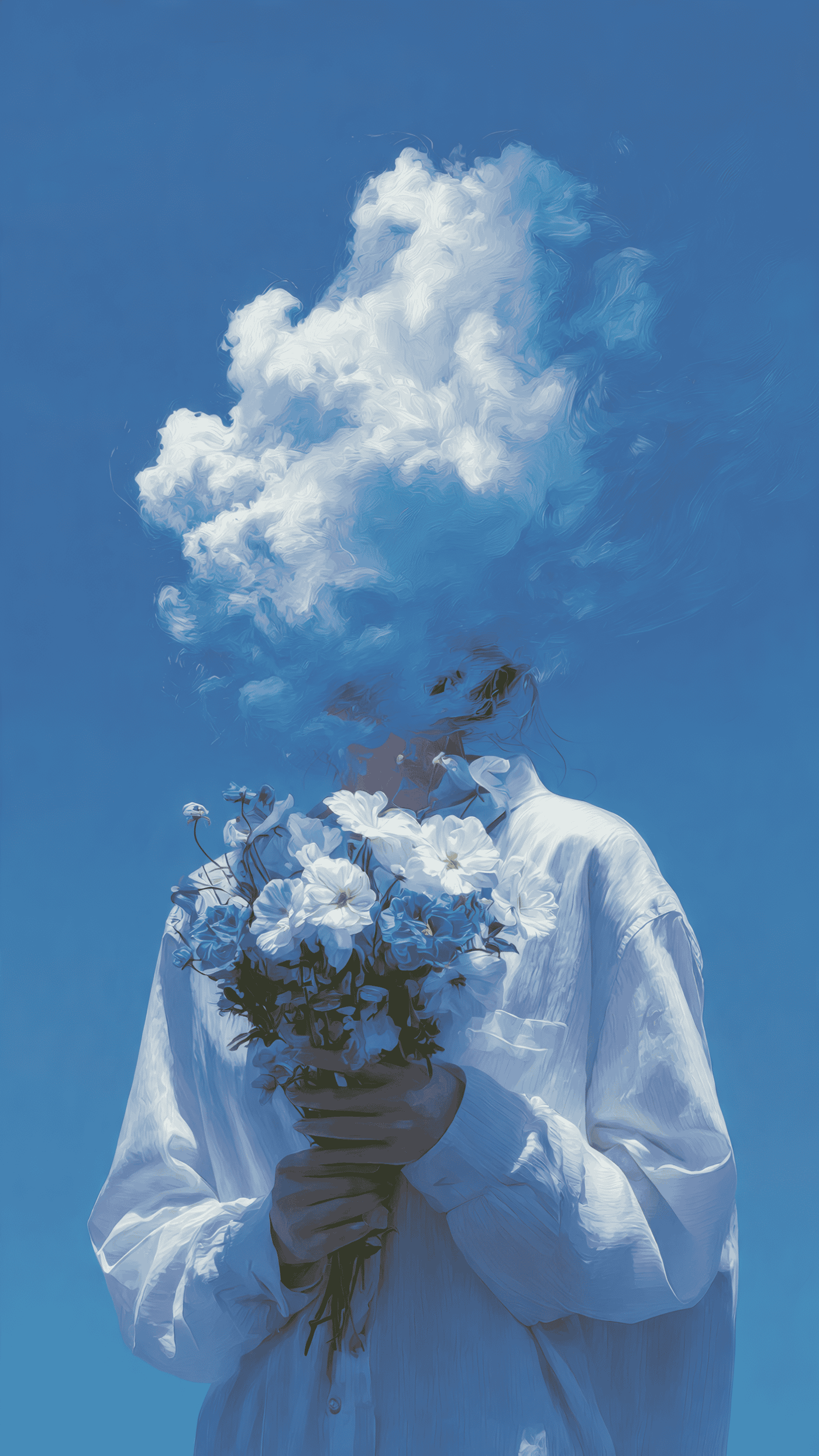 Surreal Woman Cloud Hair Holding Flowers Art
