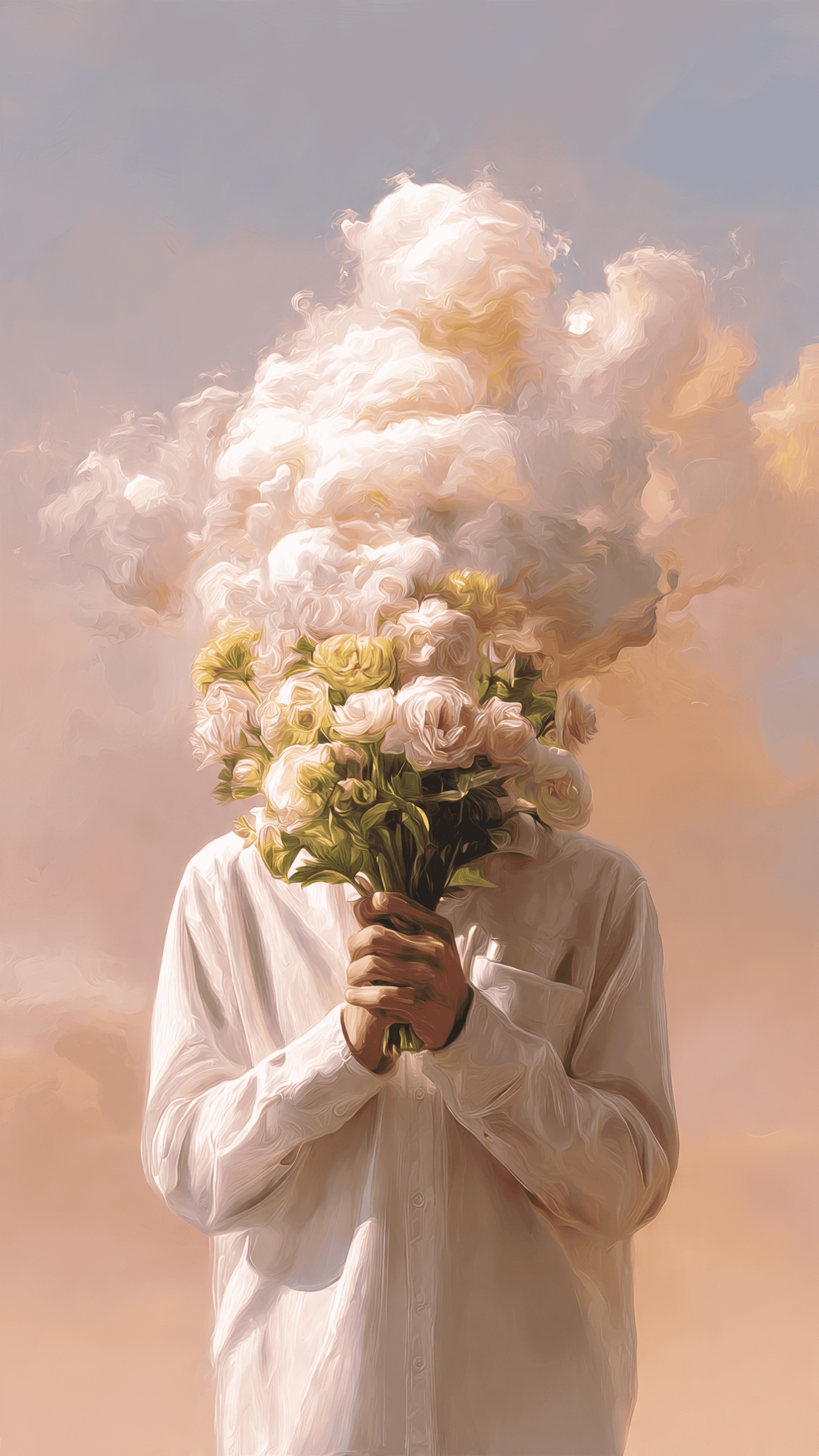 Dreamy Cloud Person Holding Flowers