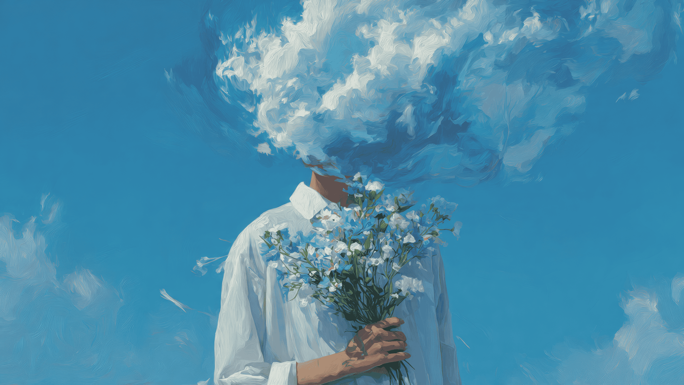 Person with Cloud Head Holding Flowers