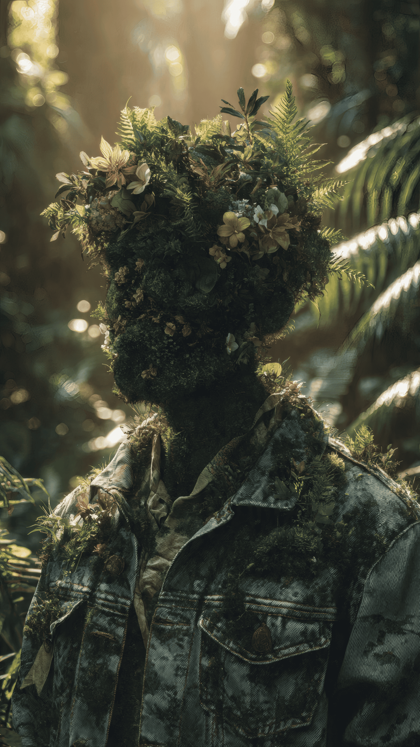 Moss Covered Figure in Denim Jacket