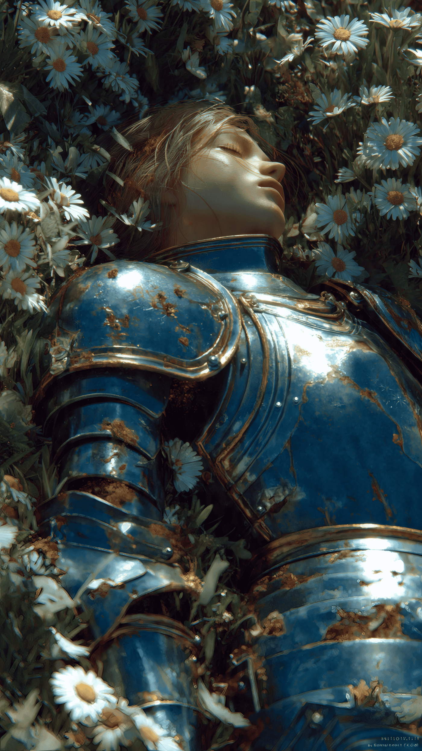 Woman in Armor Resting Among Flowers