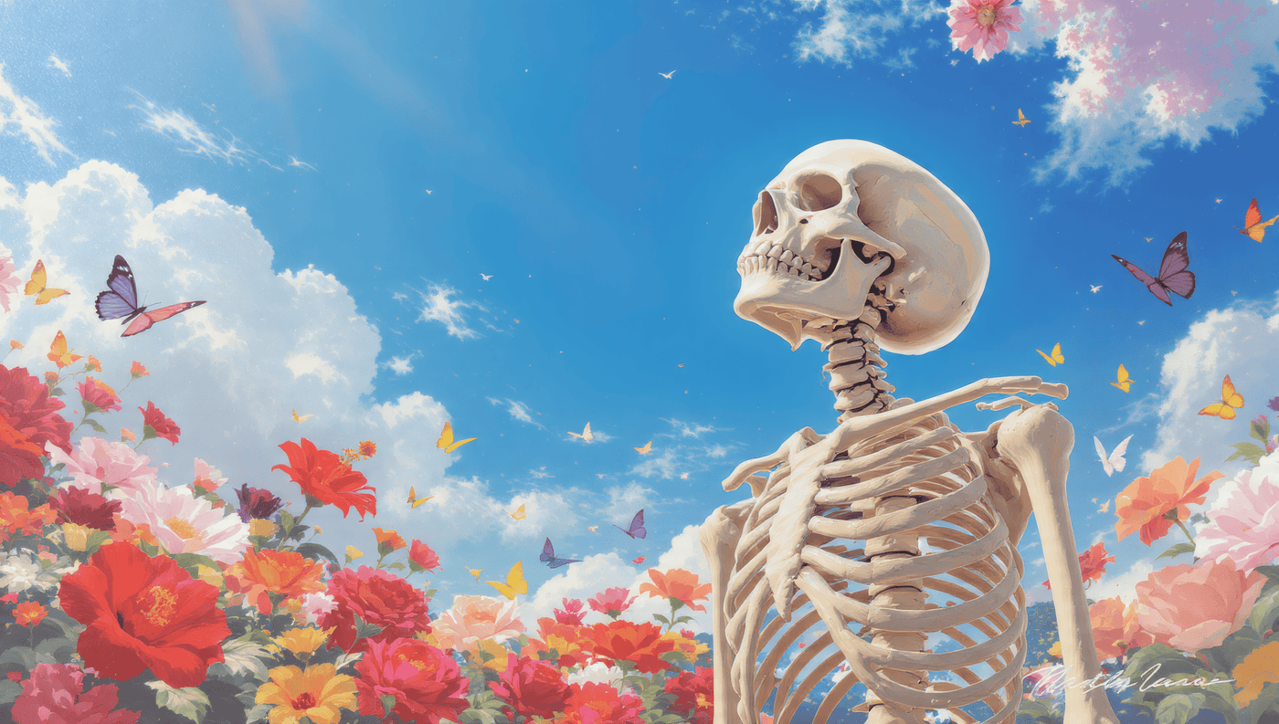 Skeleton Flowers Butterflies Against Blue Sky