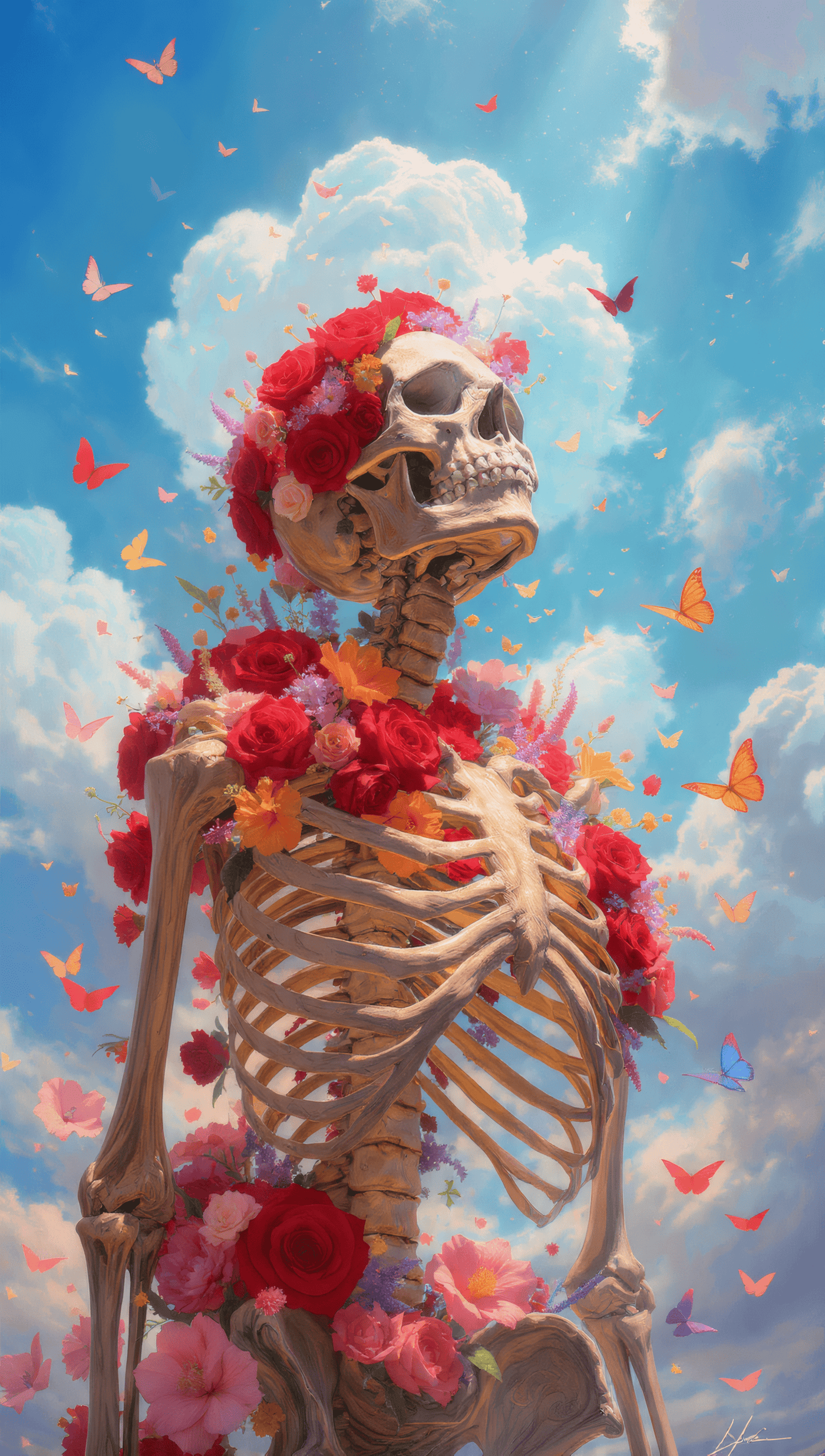 Floral Skeleton with Butterflies Dreamy Art