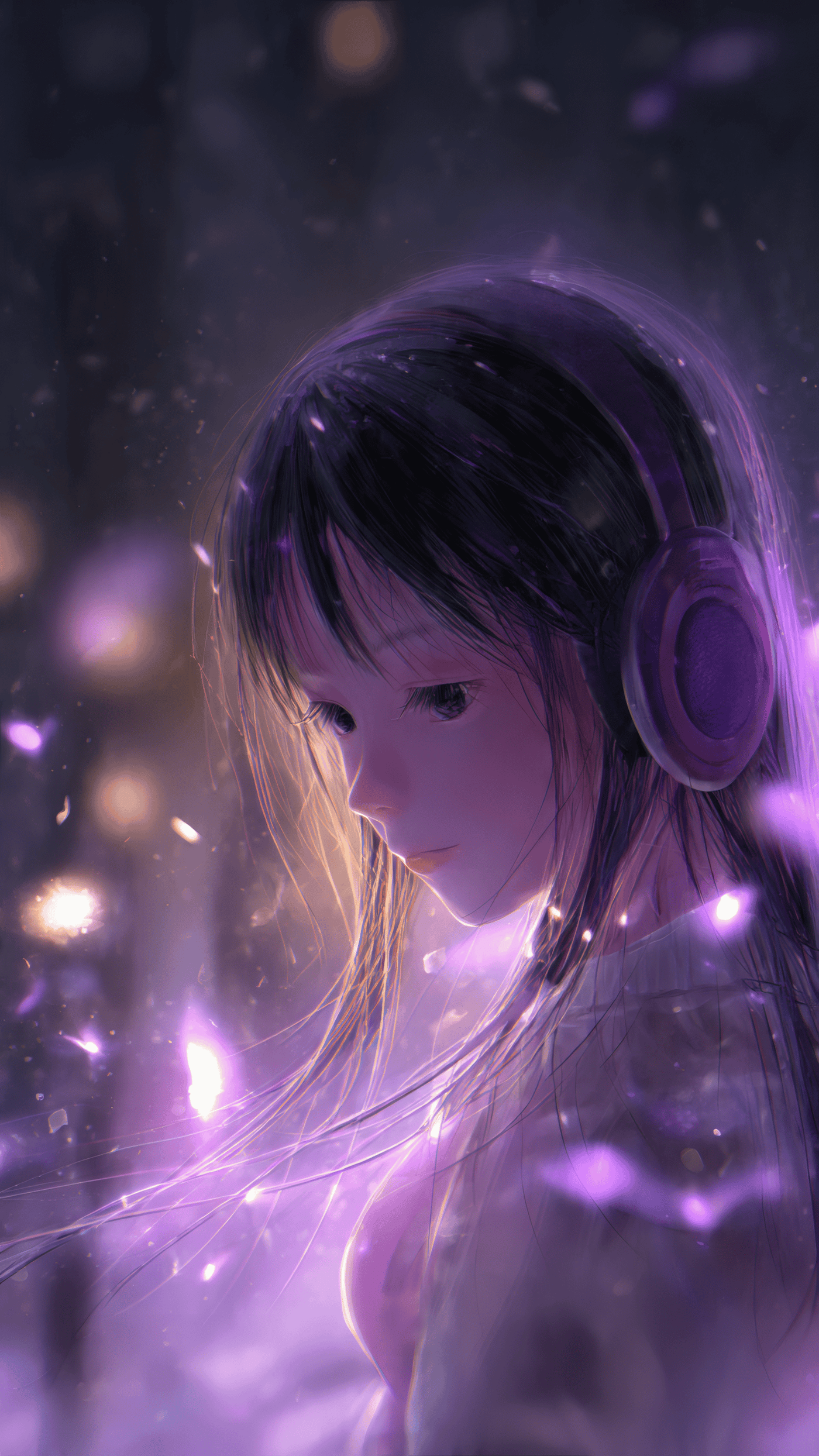 Anime Girl Portrait with Purple Headphones Art