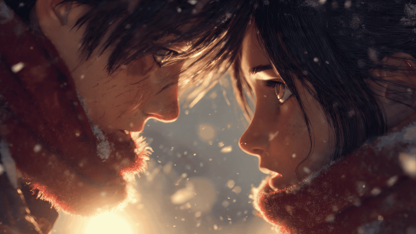 Anime Couple in Winter Embrace